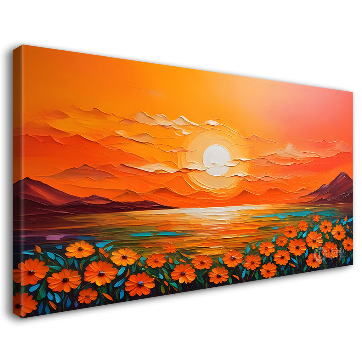Mountains with flowers and sunset painting Canvas Painting - Nature Art -228