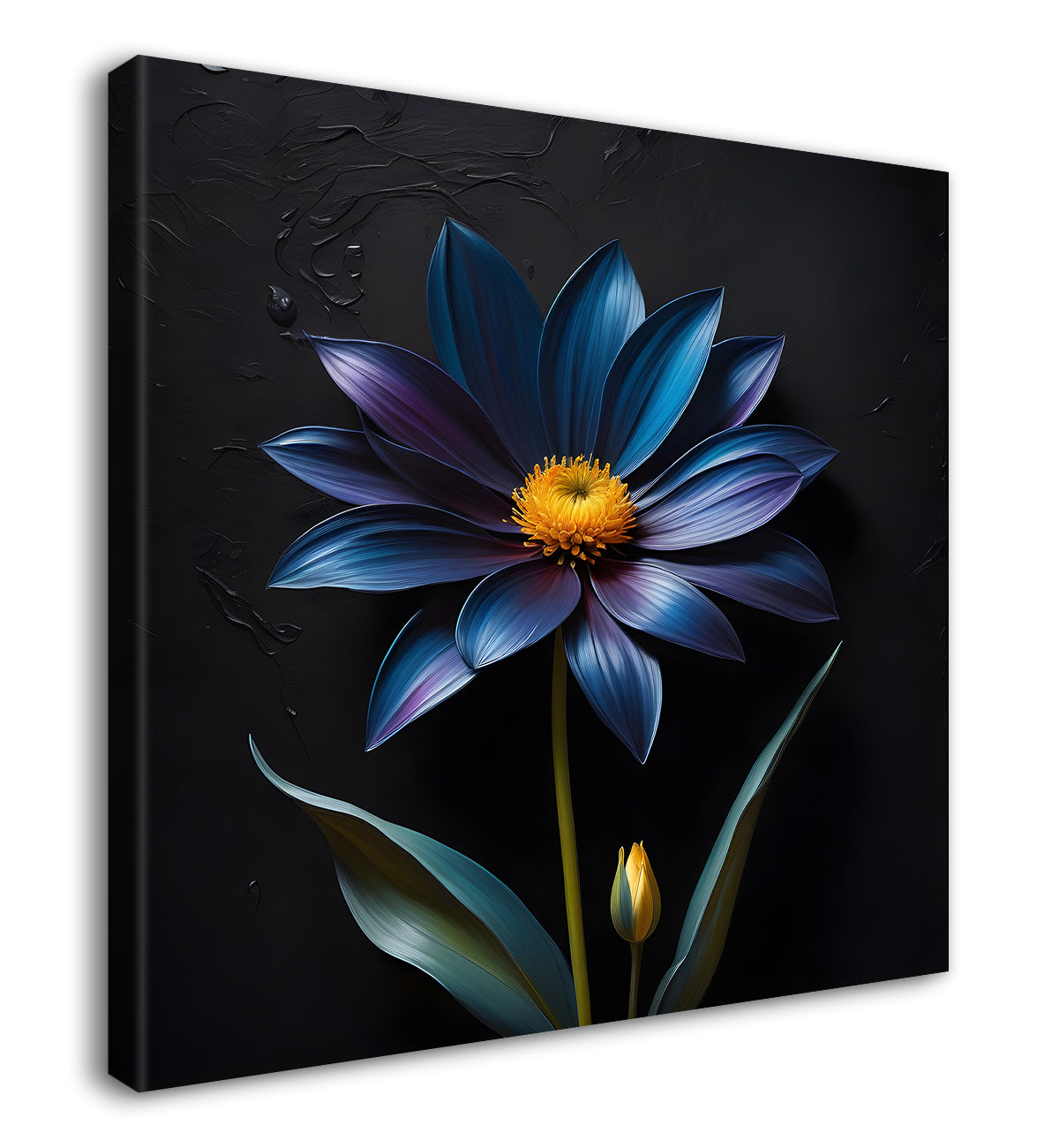 Blue flowers in navy blue textured painting  - Flower-S-228
