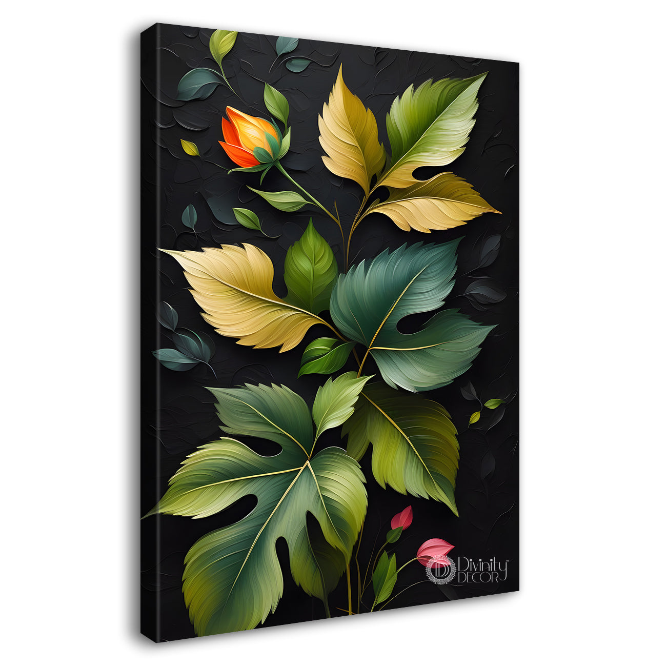 Orange and green leaves textured dark painting- Flower-V-228