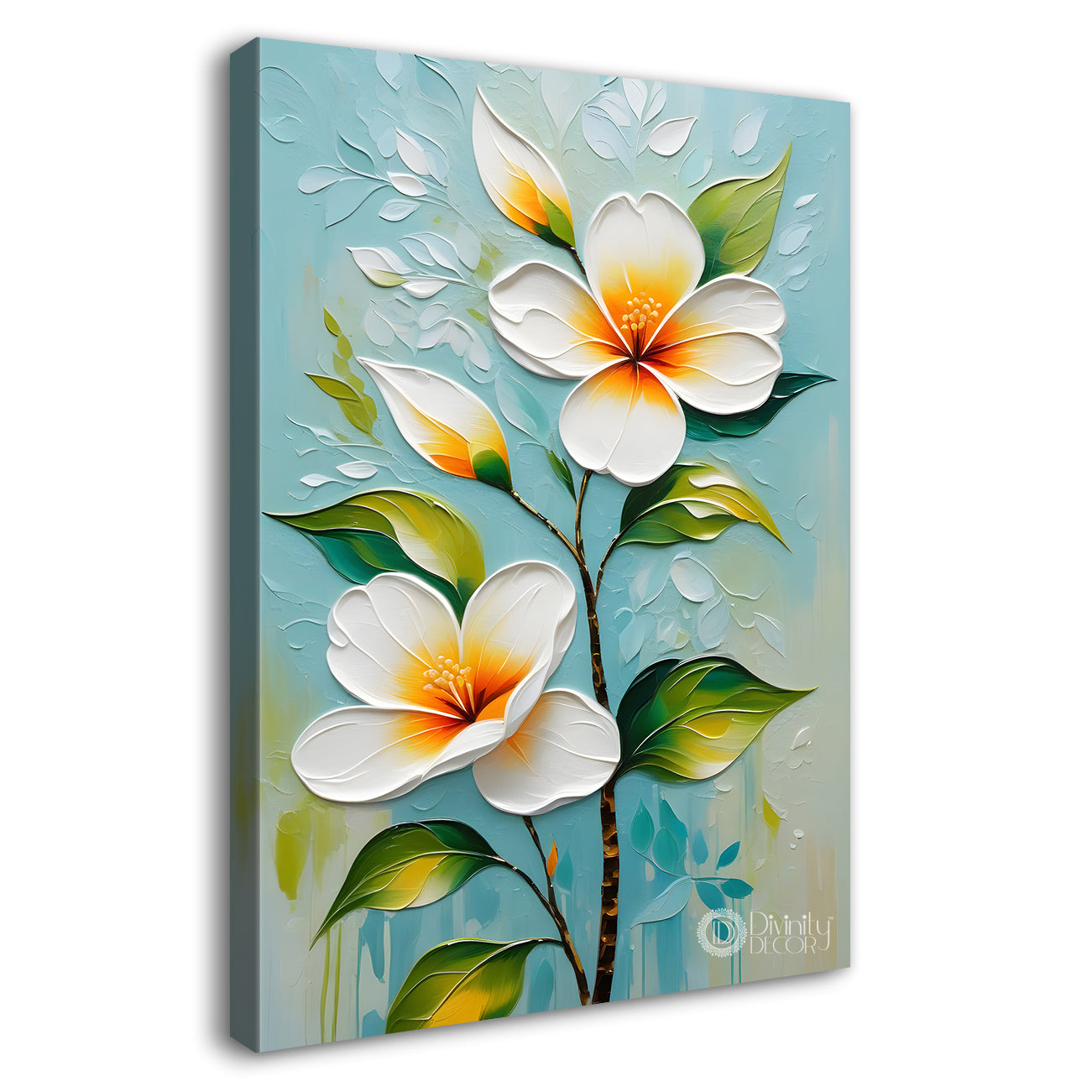 White flowers in sky blue textured background painting- Flower-V-229