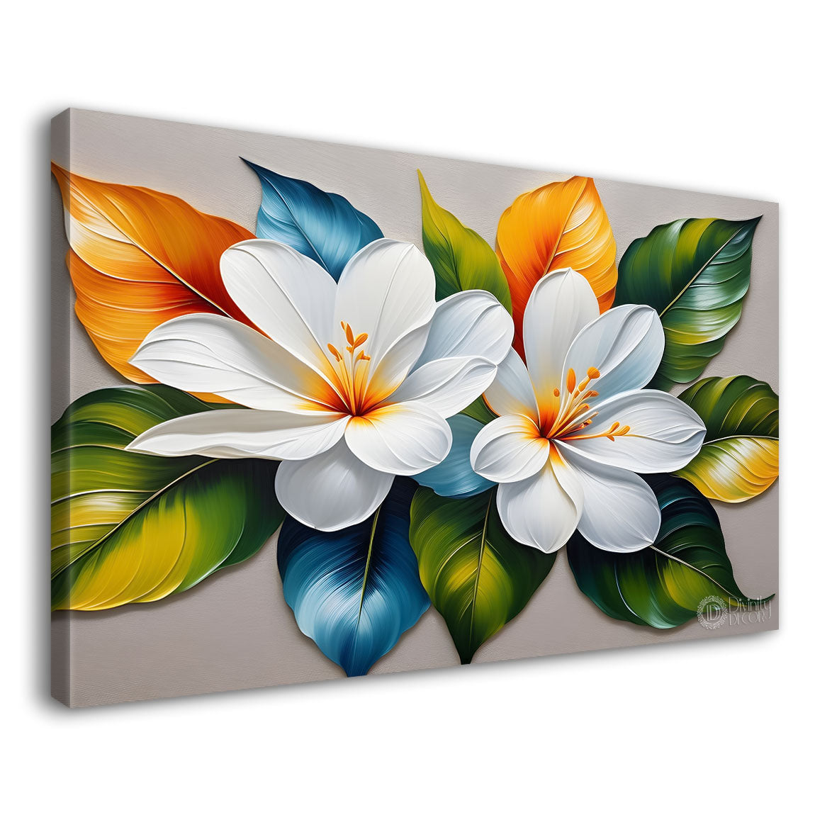 White flowers with green leaves textured painting- Design - Flower-22