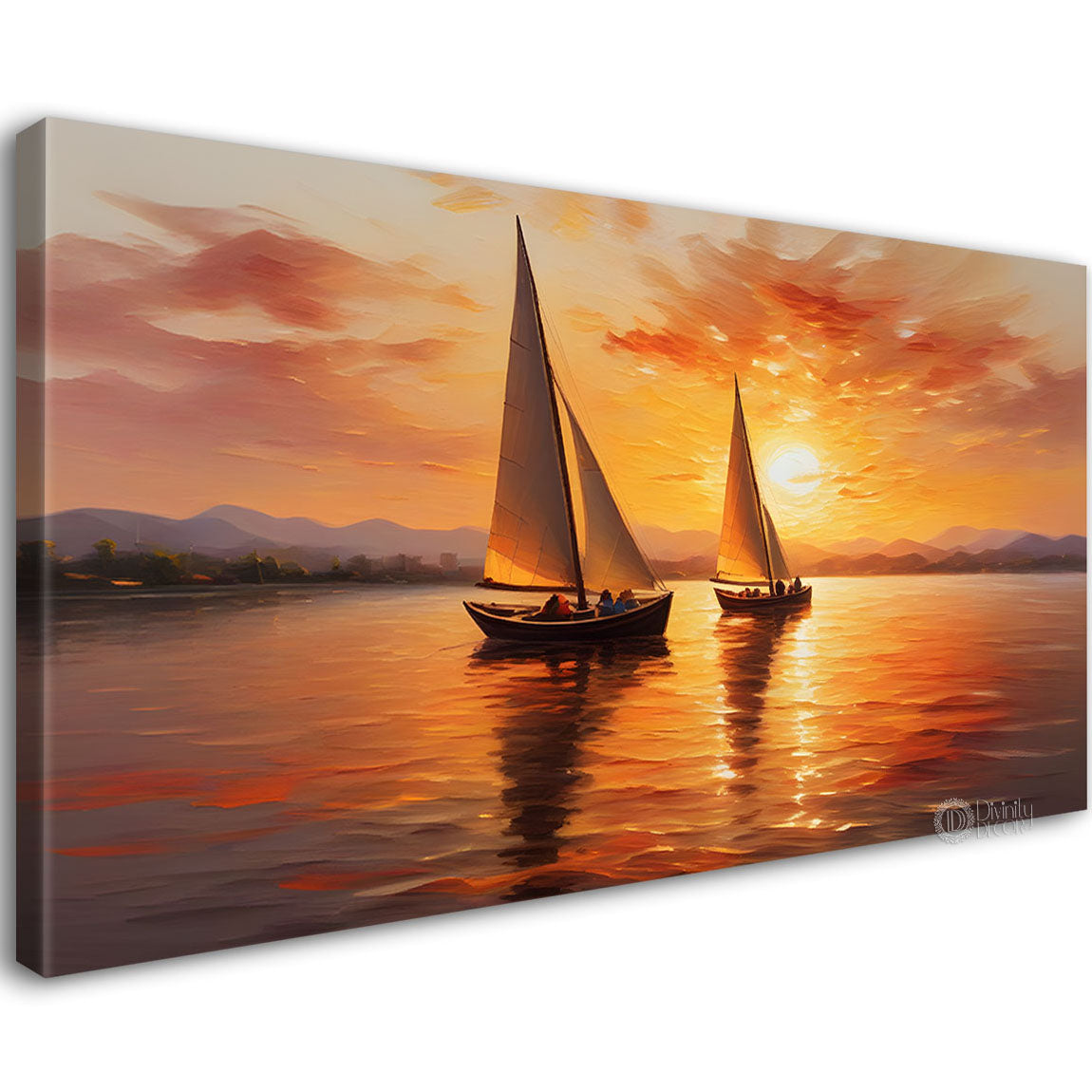 Boats in river with sunset background textured modern art canvas painting - Design - River-22