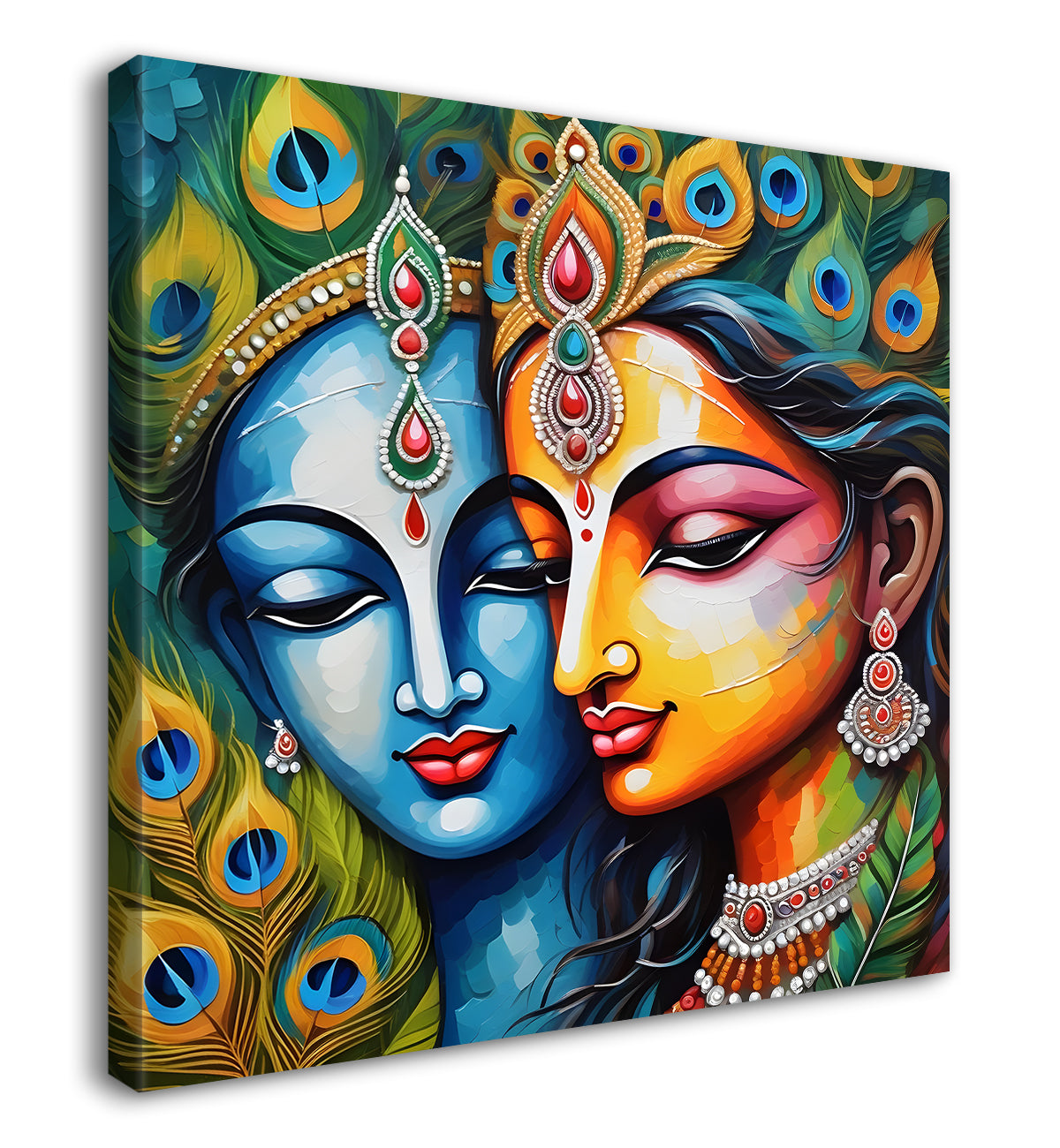 Blue face of krishna and radha with peacock feathers oil painting Canvas Painting 24X24- Design - Krishna-S-22