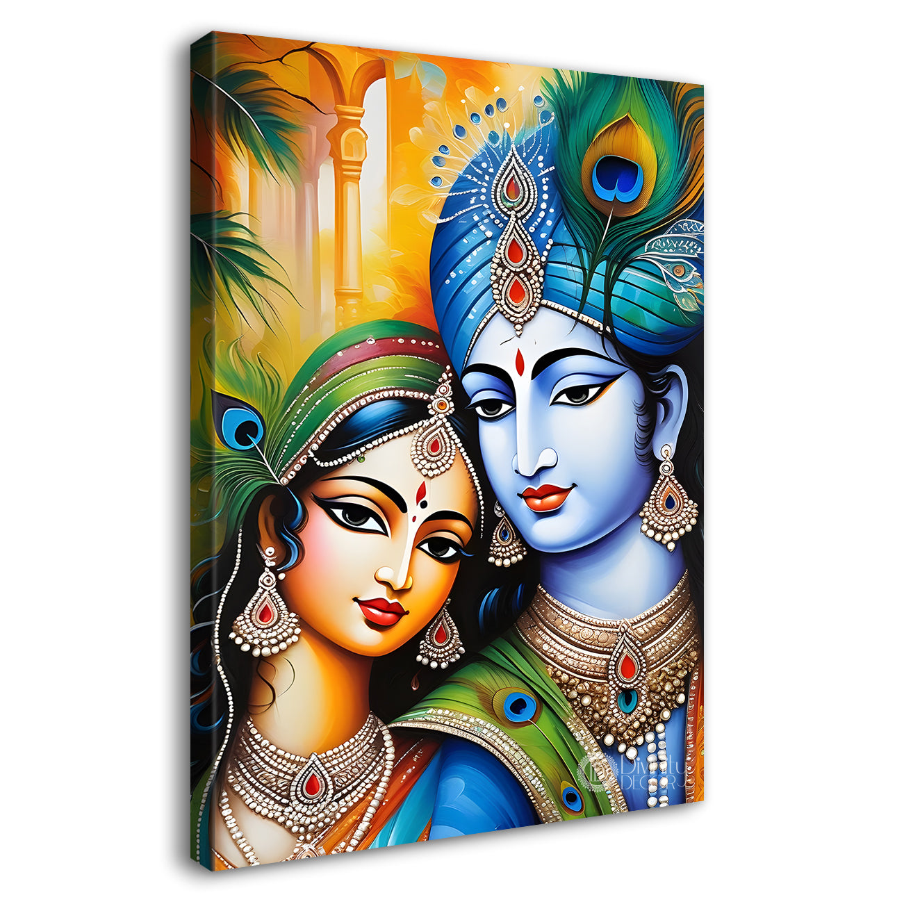 Blue face of krishna with radha in yellow background textured art Canvas Painting - Design - Krishna-V-22