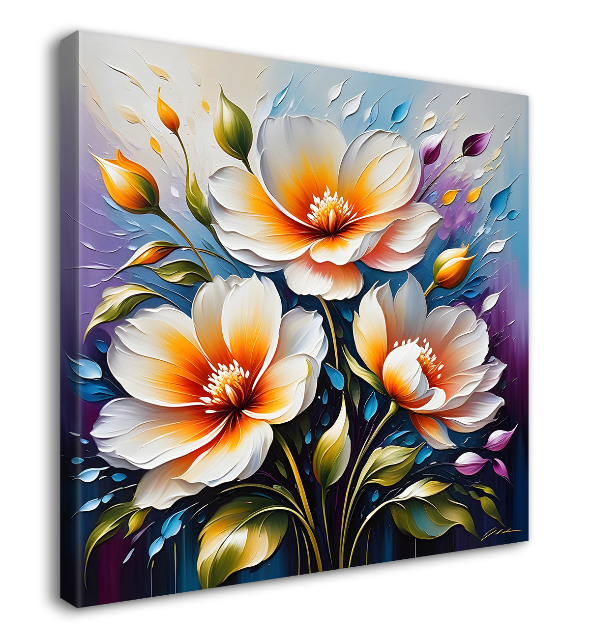 White and purple flowers in blue background textured painting - Flower-S-22