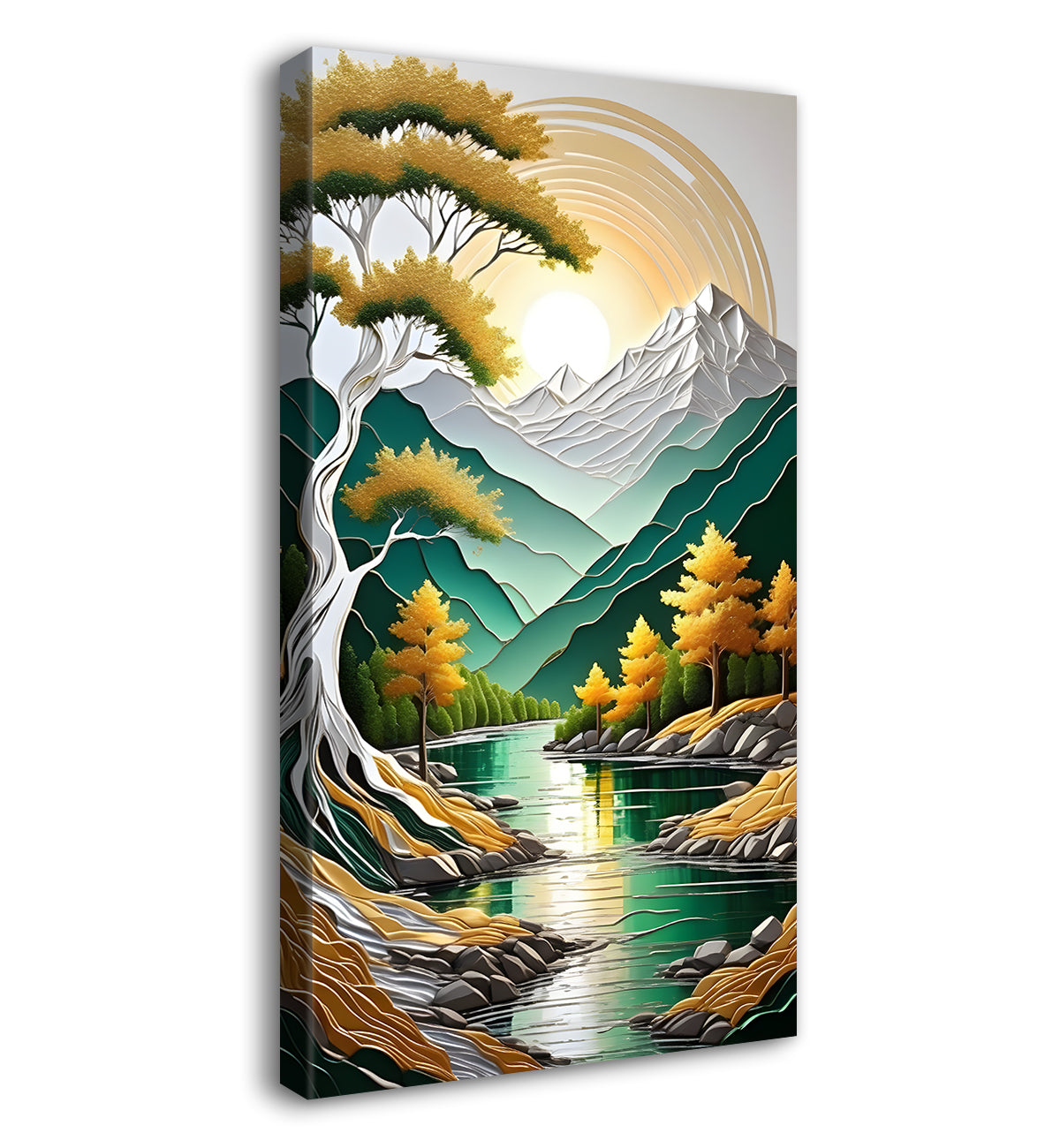 Green mountains with golden treesand white moon textured natural art Canvas Painting - Nature Art -V-22
