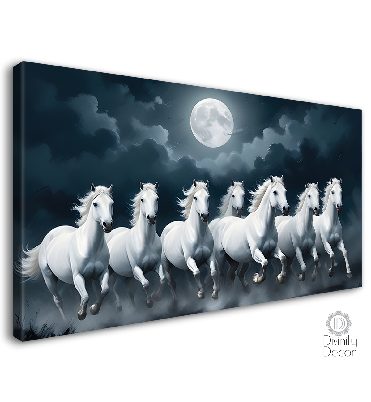 White horses running with moon in cloudy and black textured background art Canvas Painting - Design - Horse-23