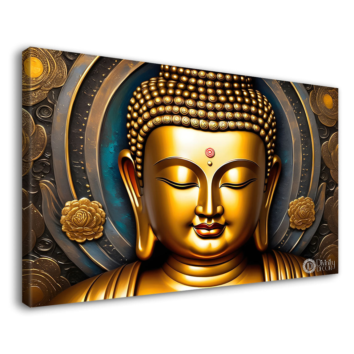 Golden buddha with green textured background painting Canvas Wall Painting - Buddha-231