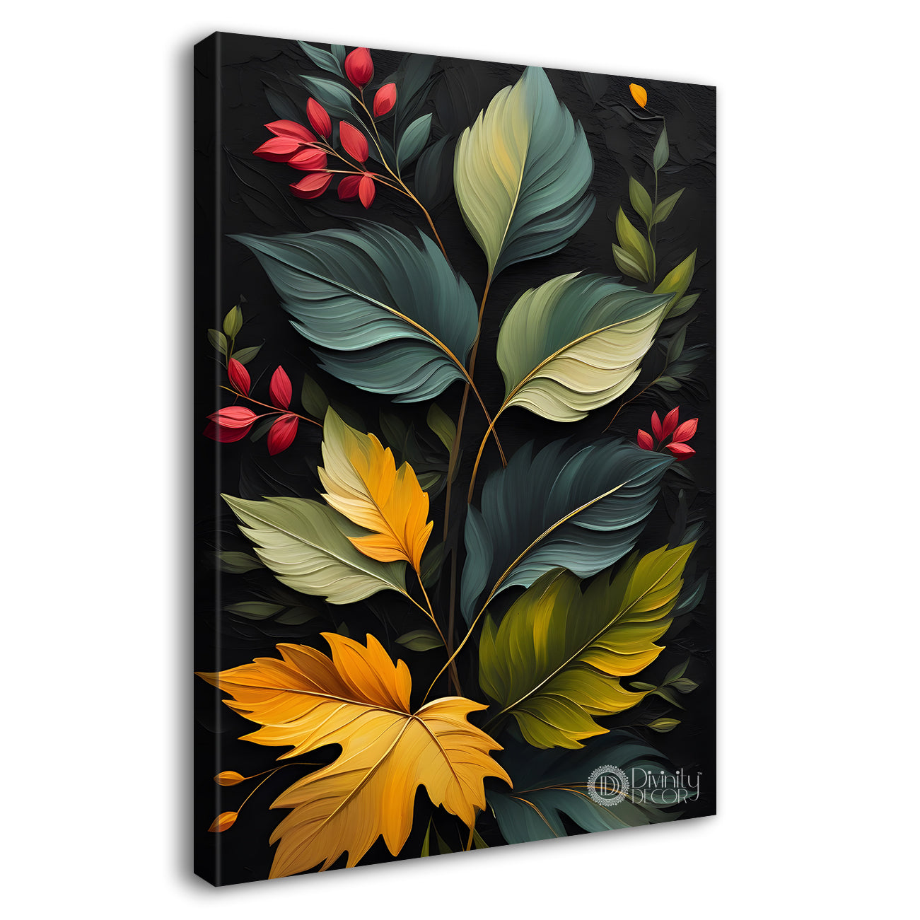 Red and green leaves textured dark painting- Flower-V-231