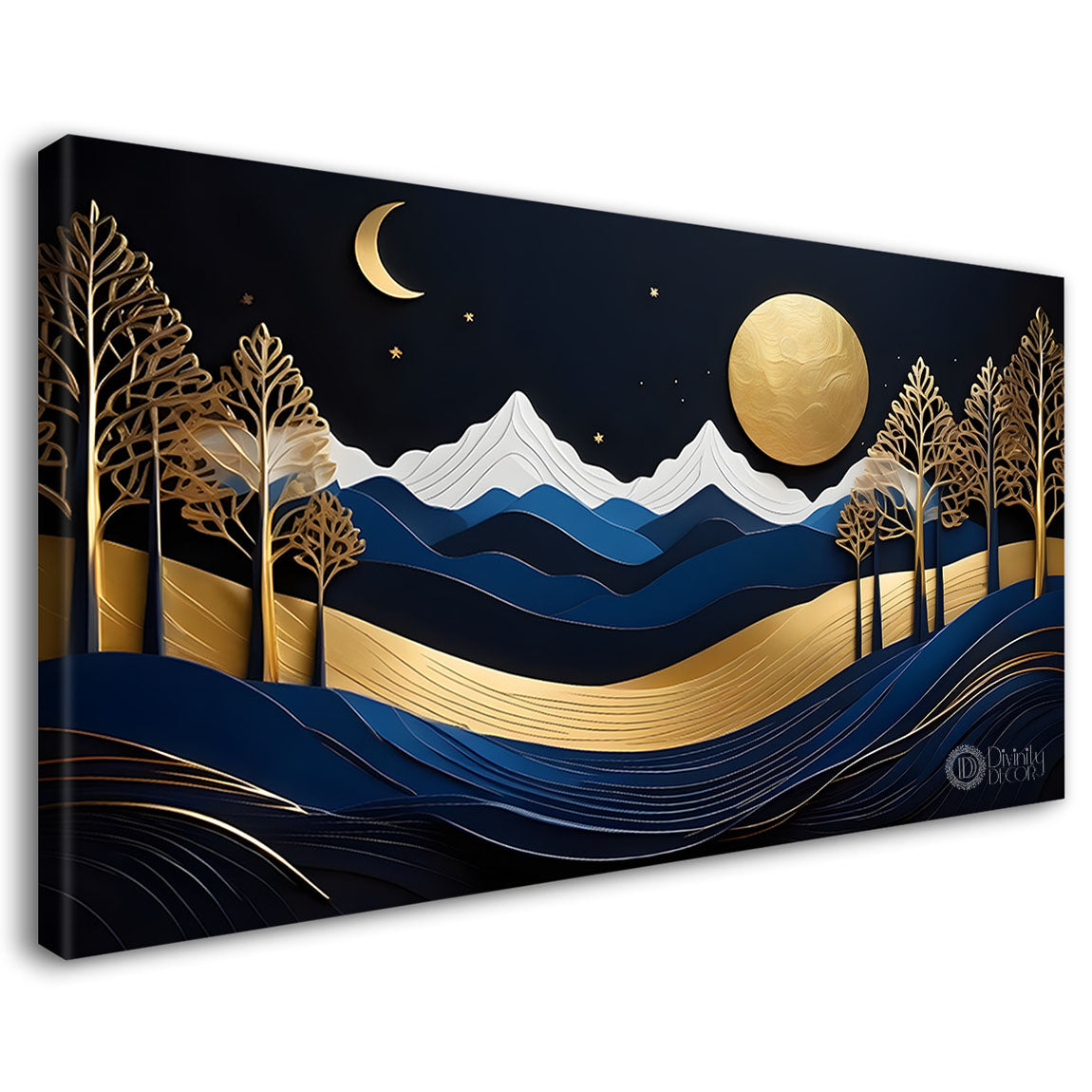 Blue mountains with golden moon and tree Canvas Painting - Nature Art -232