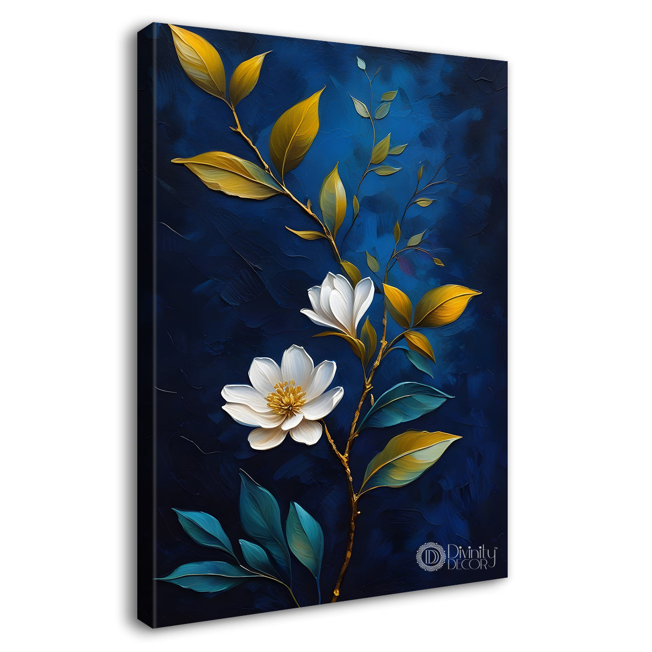 White flowers in navy blue textured painting- Flower-V-232