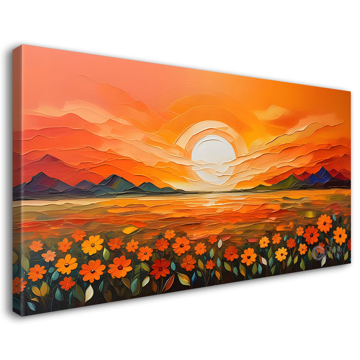 Mountains with flowers and sunset painting Canvas Painting - Nature Art -233