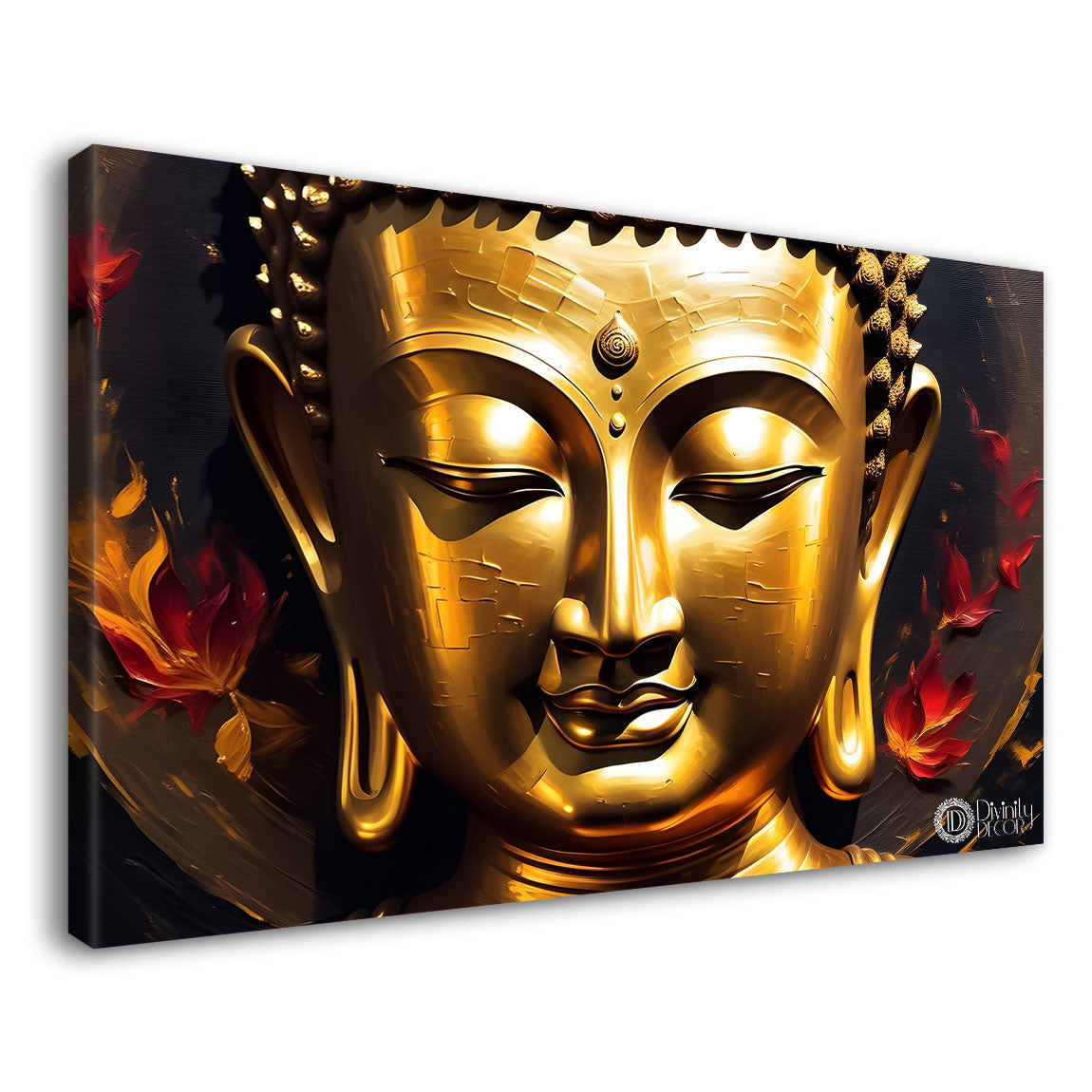 Golden buddha with red and dark textured background painting Canvas Wall Painting - Buddha-234