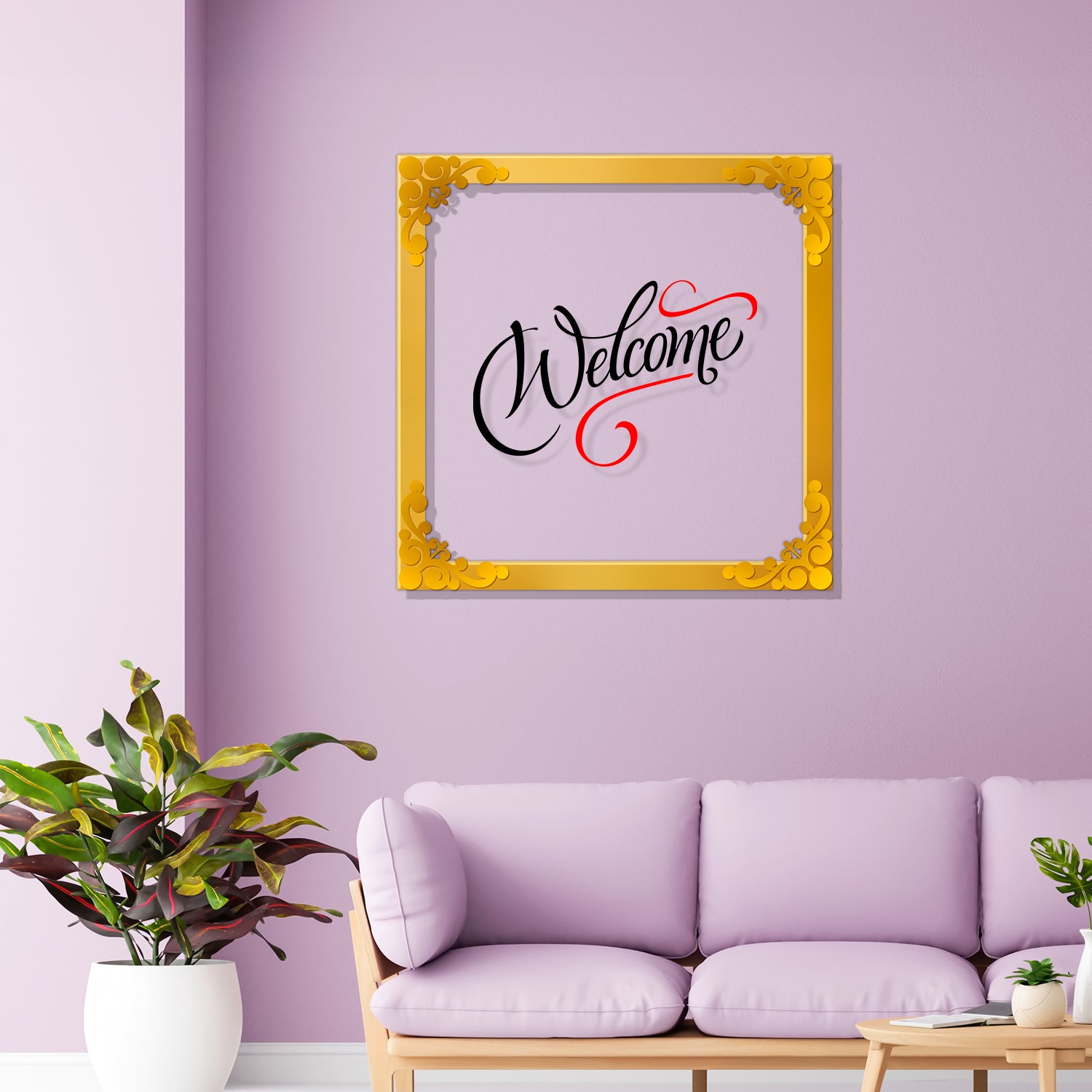 Welcome Golden Plaque for Gifting, Wall Décor Clear UV print with Golden Border-234