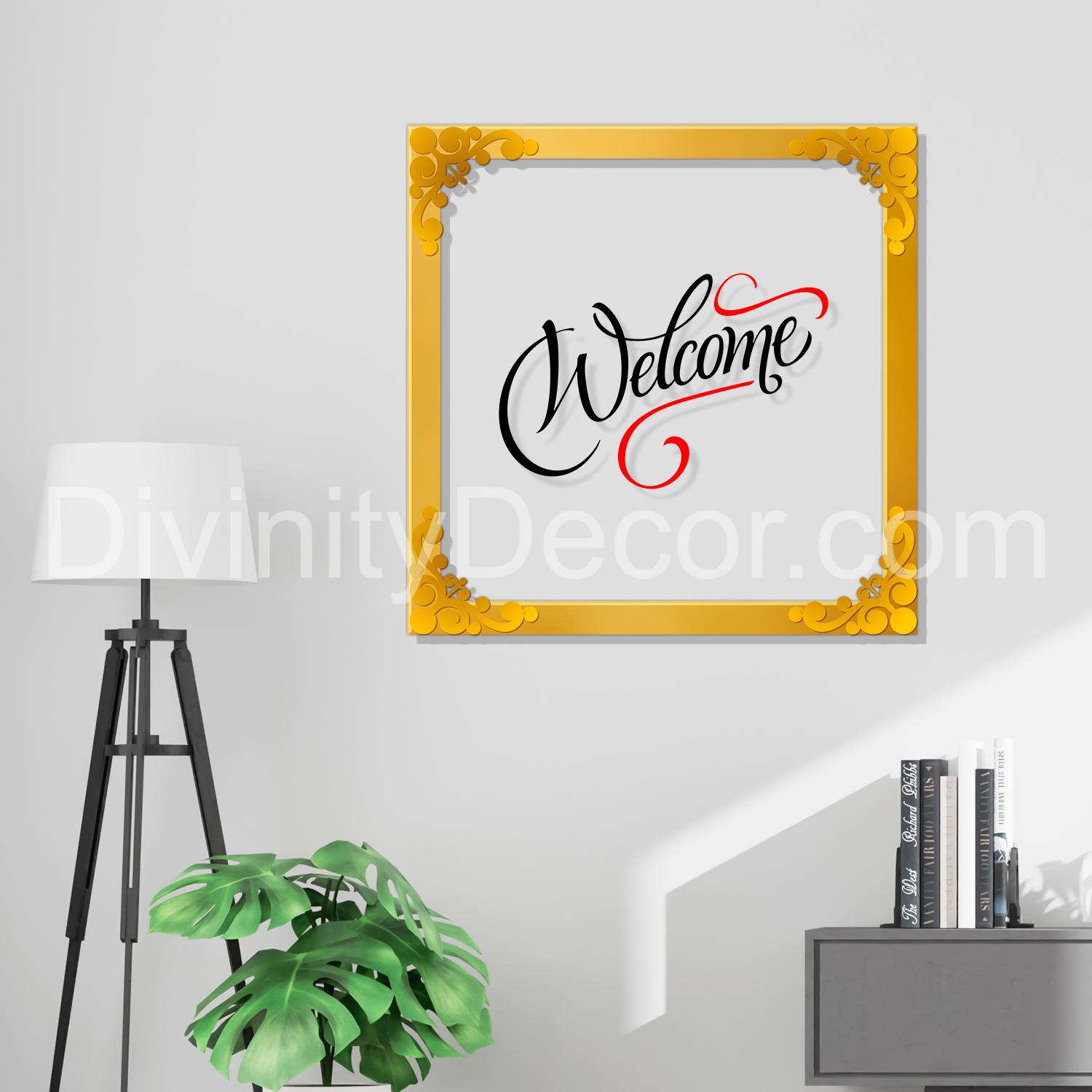 Welcome Golden Plaque for Gifting, Wall Décor Clear UV print with Golden Border-234