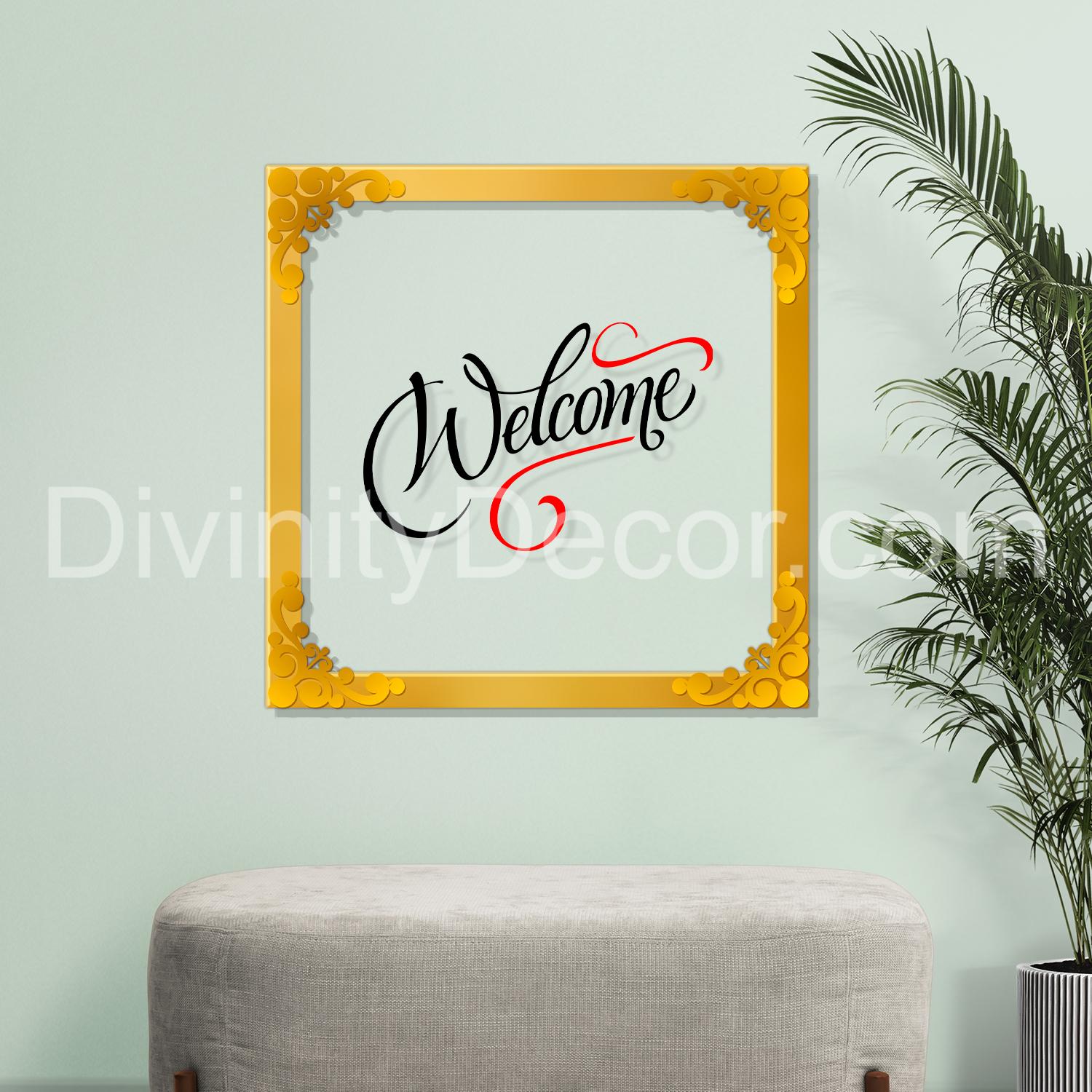 Welcome Golden Plaque for Gifting, Wall Décor Clear UV print with Golden Border-234