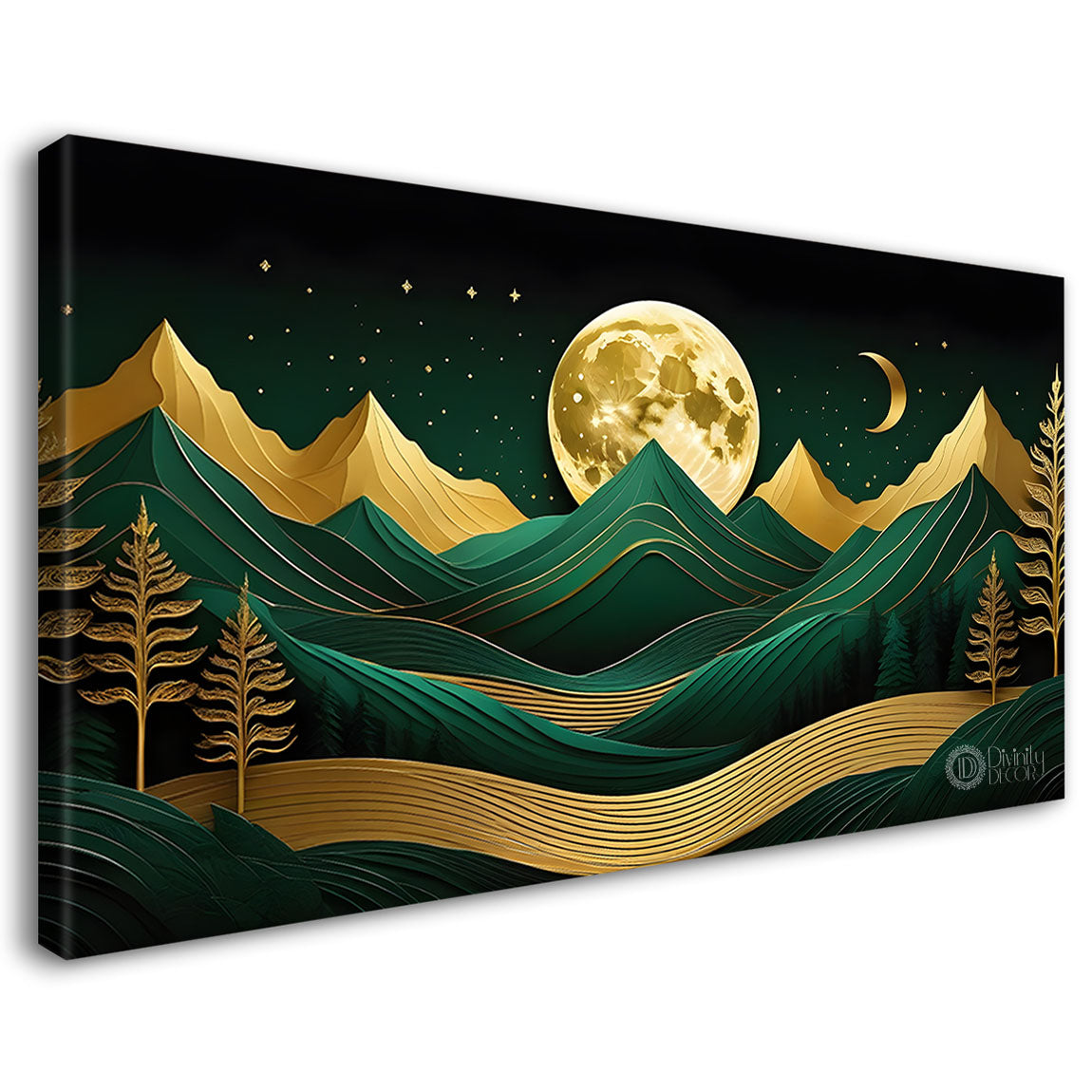 Green mountains with golden moon and trees Canvas Painting - Nature Art -234