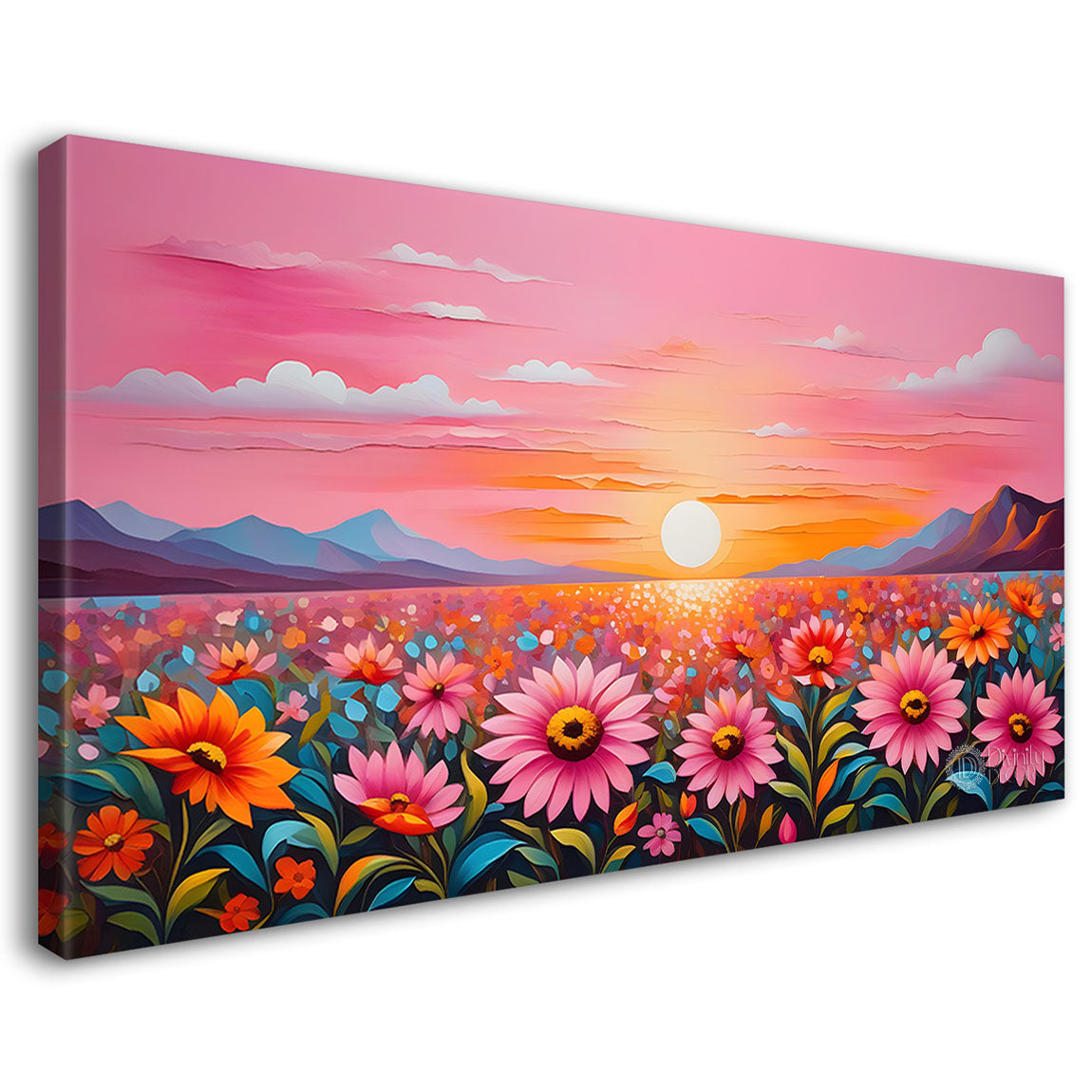 Mountains with flower field with pink sky painting Canvas Painting - Nature Art -235