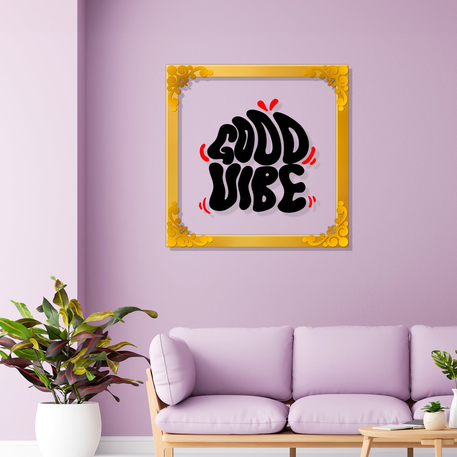 Good vibes Golden Plaque for Gifting, Wall Décor Clear UV print with Golden Border-236