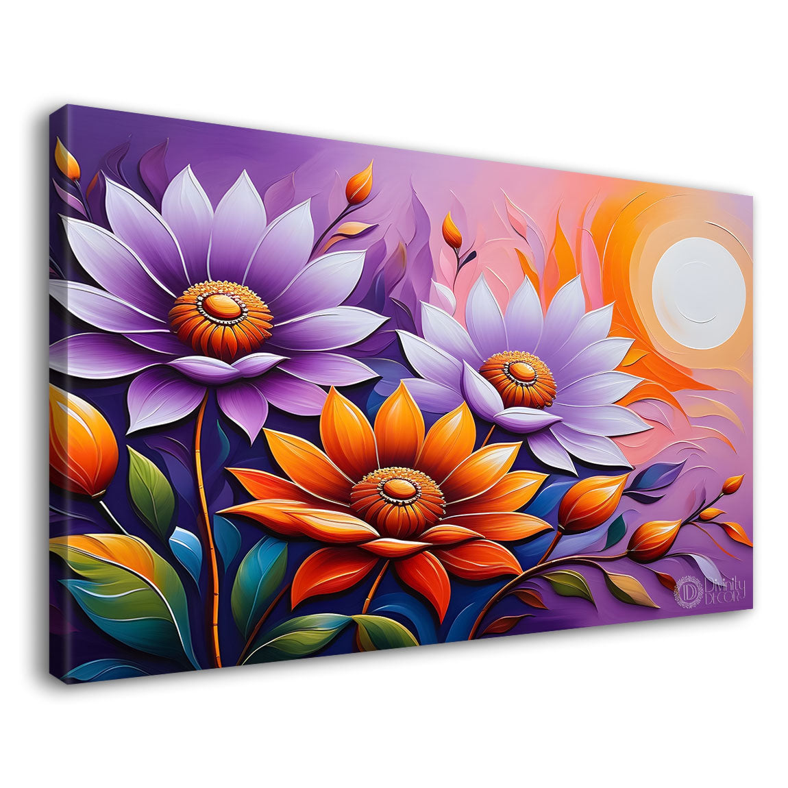 Purple flowers in purple and sun in background- Design - Flower-236