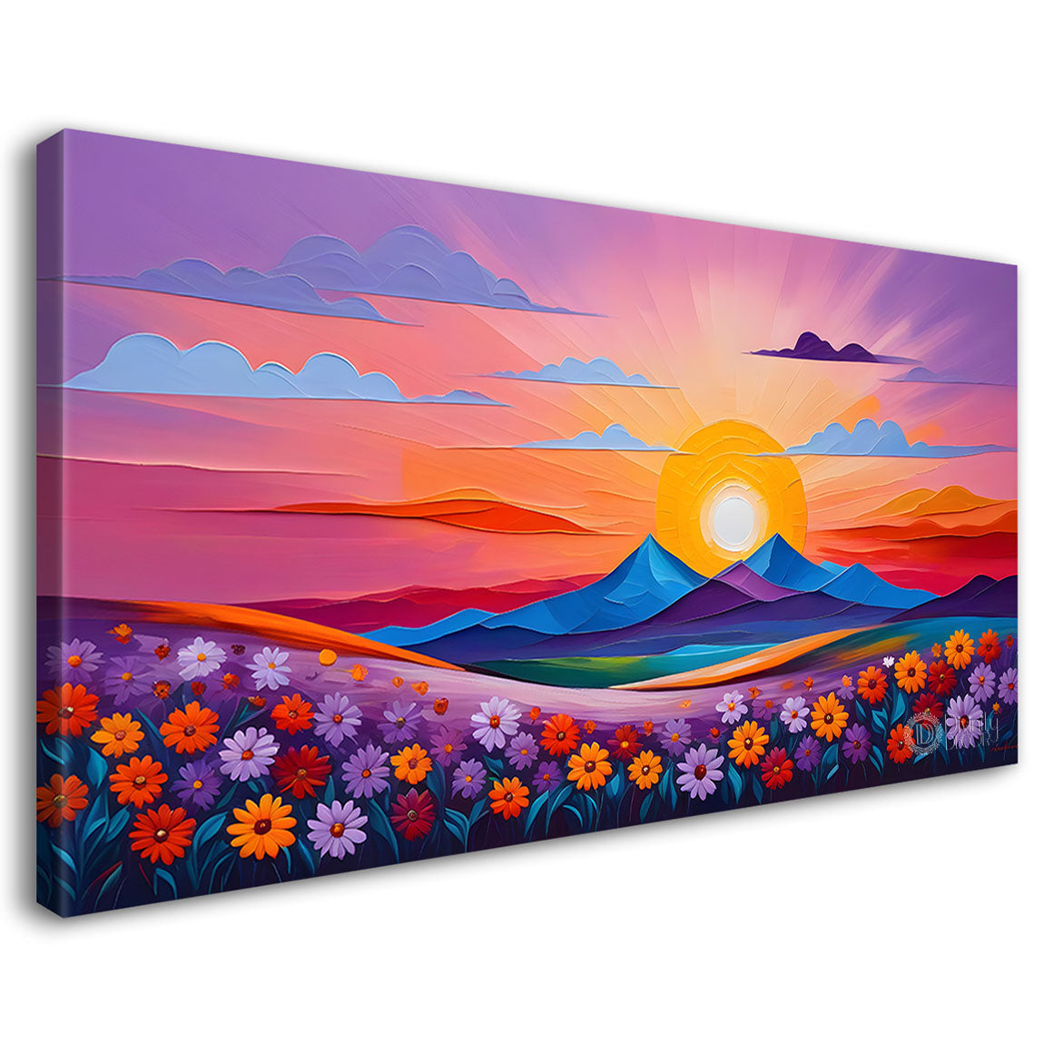 Mountains with flower field with pink sky painting Canvas Painting - Nature Art -236