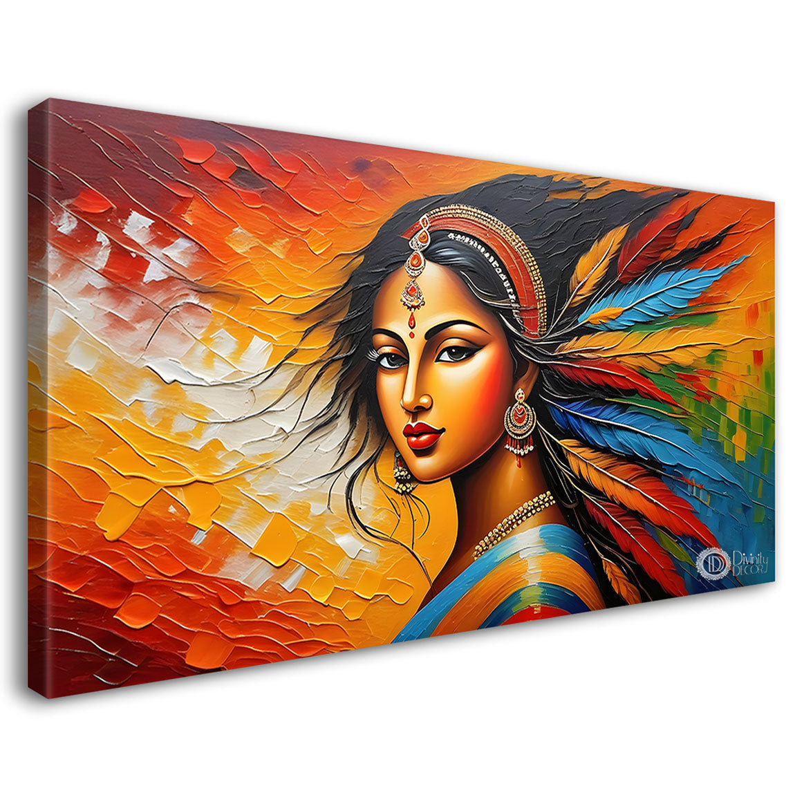 Beautiful lady with colorful feathers textured art Canvas Painting - Design - Modern-L-236