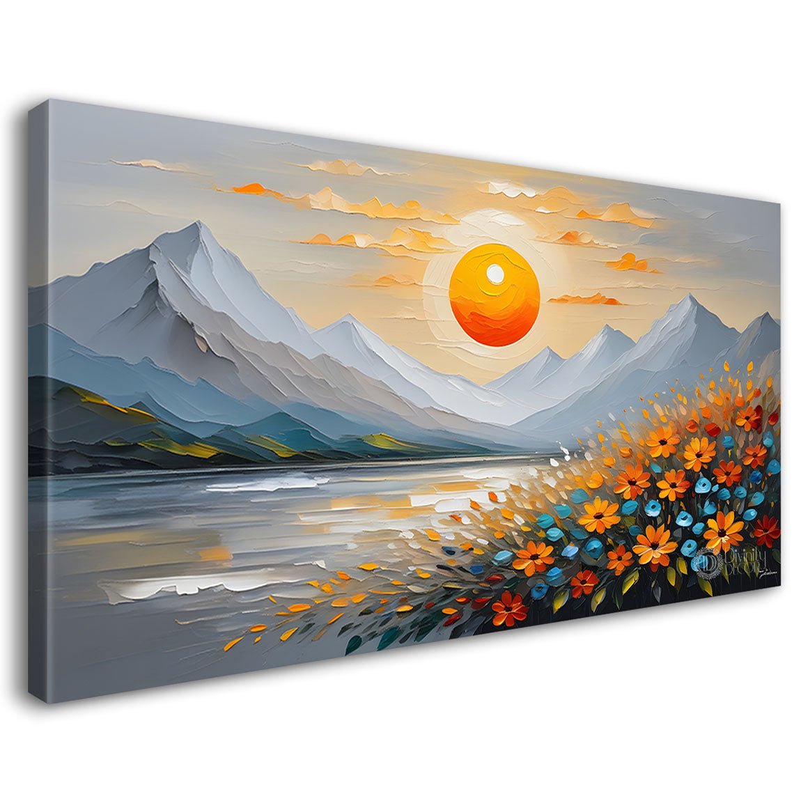 Mountains with flower field with pink sky painting Canvas Painting - Nature Art -237