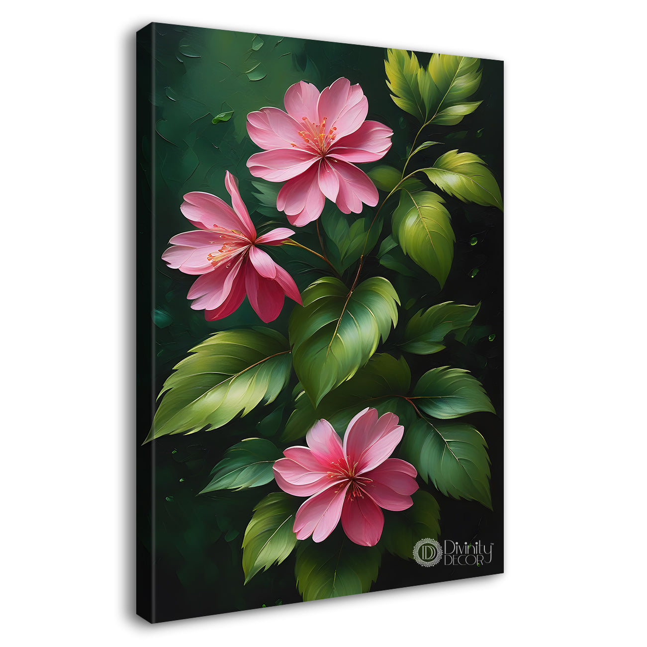 Pink flowers in green textured background painting- Flower-V-237