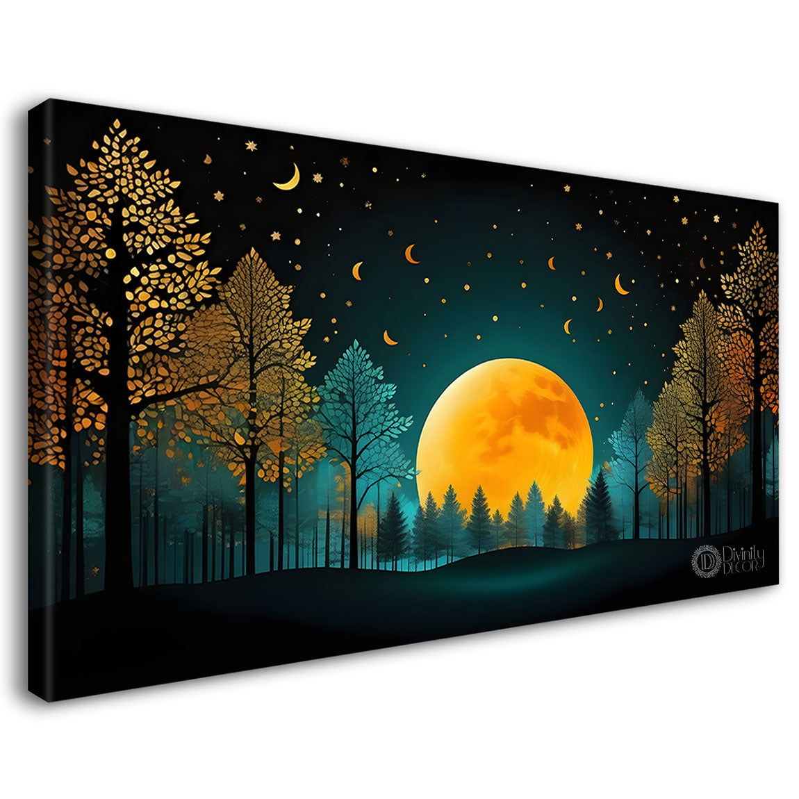 Trees with moon and green background Canvas Painting - Nature Art -238