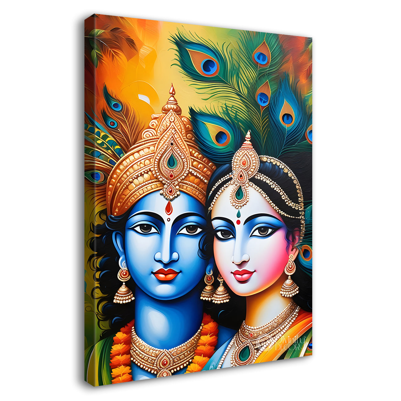 Blue face of krishna with radha in yellow background textured art Canvas Painting - Design - Krishna-V-23
