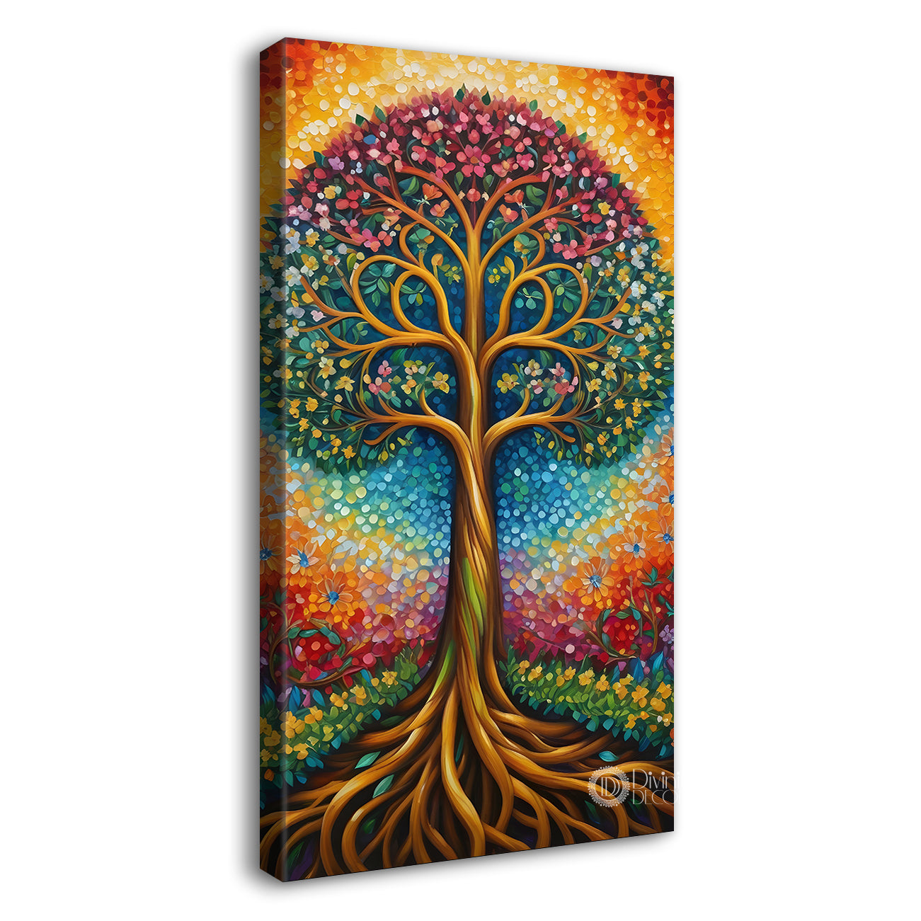 Tree with colourful flowers in bright background textured modern art Canvas painting - Tree-V-23