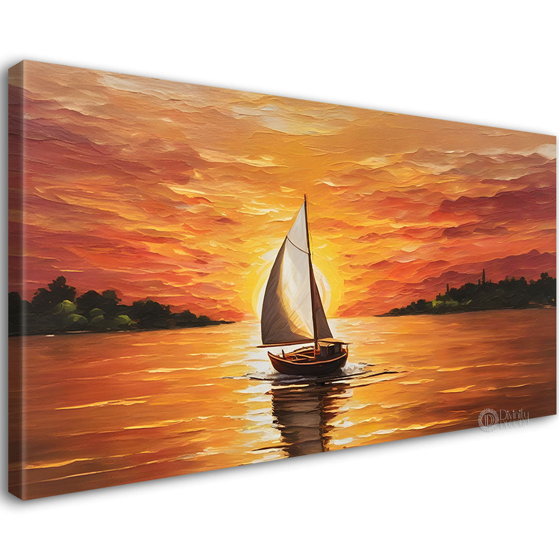 Boat in sea with sunrise background textured modern art canvas painting - Design - River-23