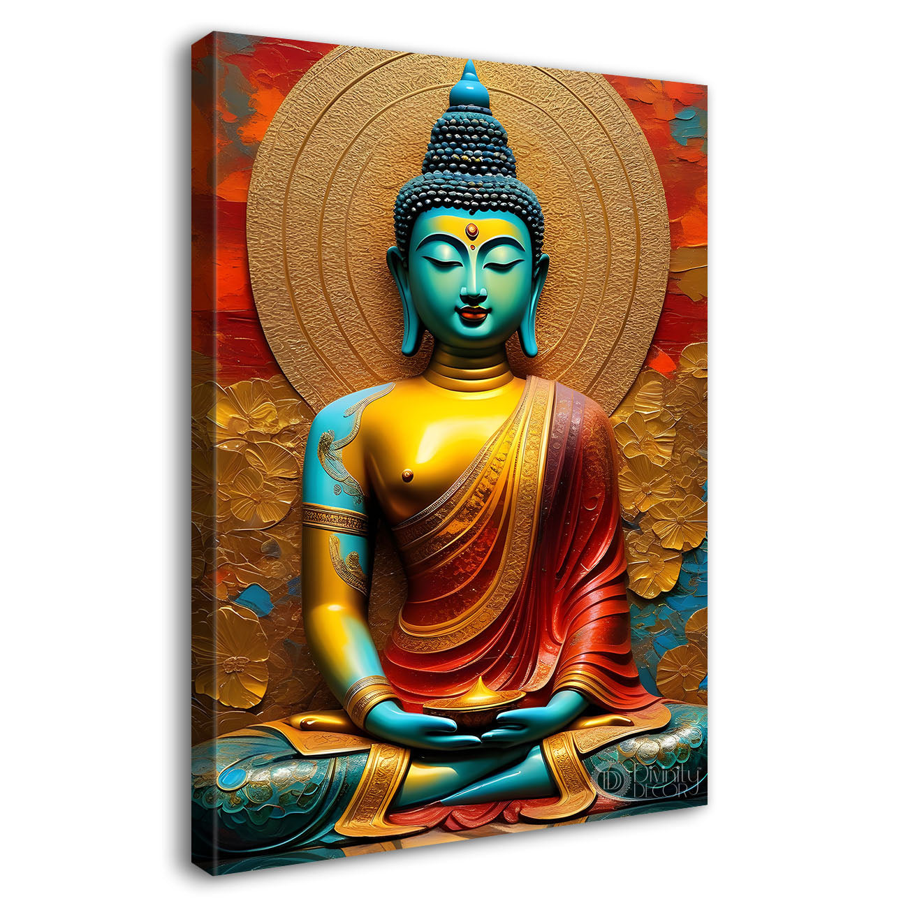 Blue buddha with red background textured painting - Buddha-V-23