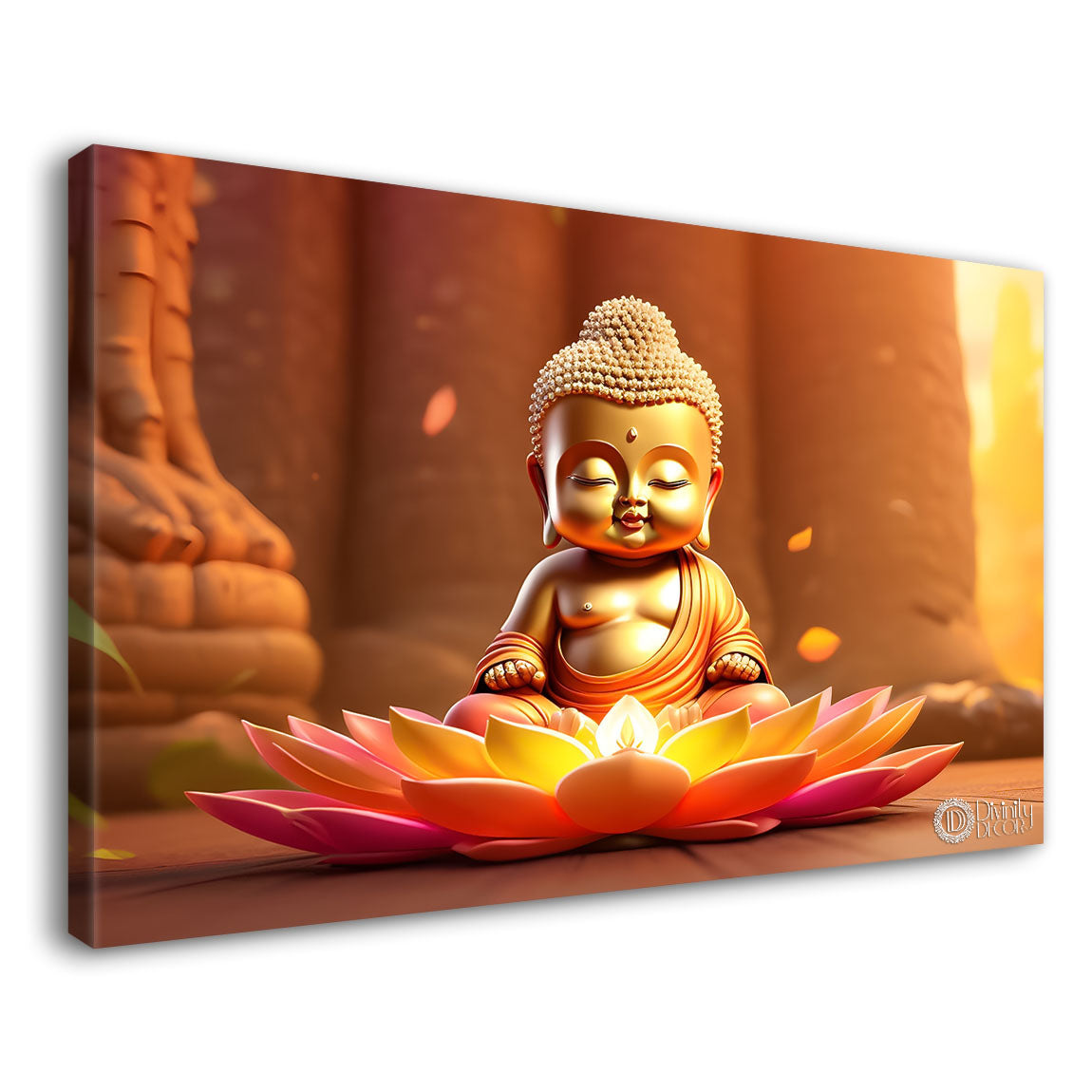 Golden baby buddha with orange background painting Canvas Wall Painting - Buddha-23