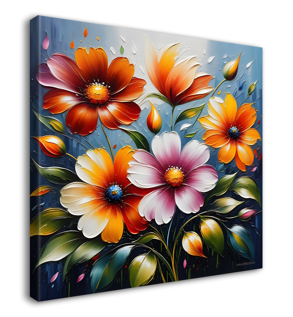 Colourful flowers in blue background textured painting - Flower-S-23