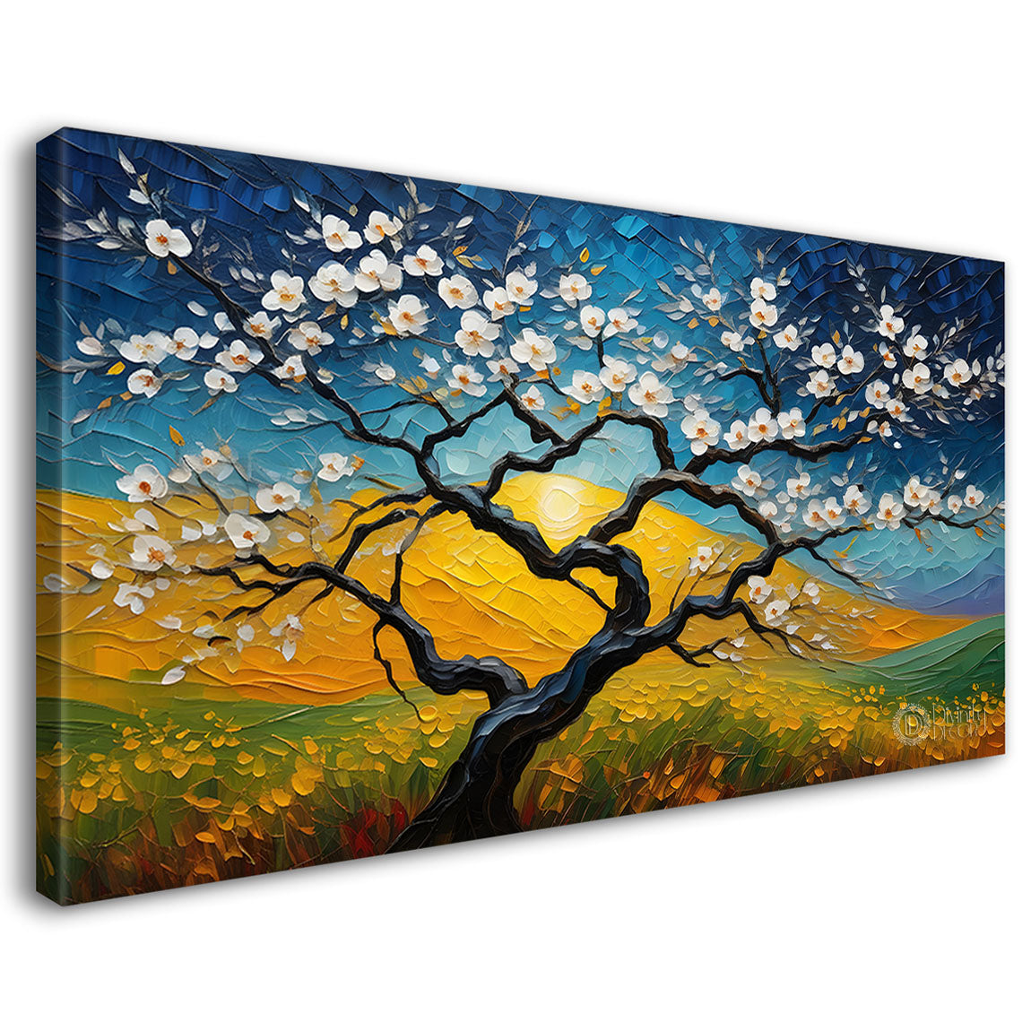 White flower tree in textured background oil painting Canvas Painting - Design - Tree-23