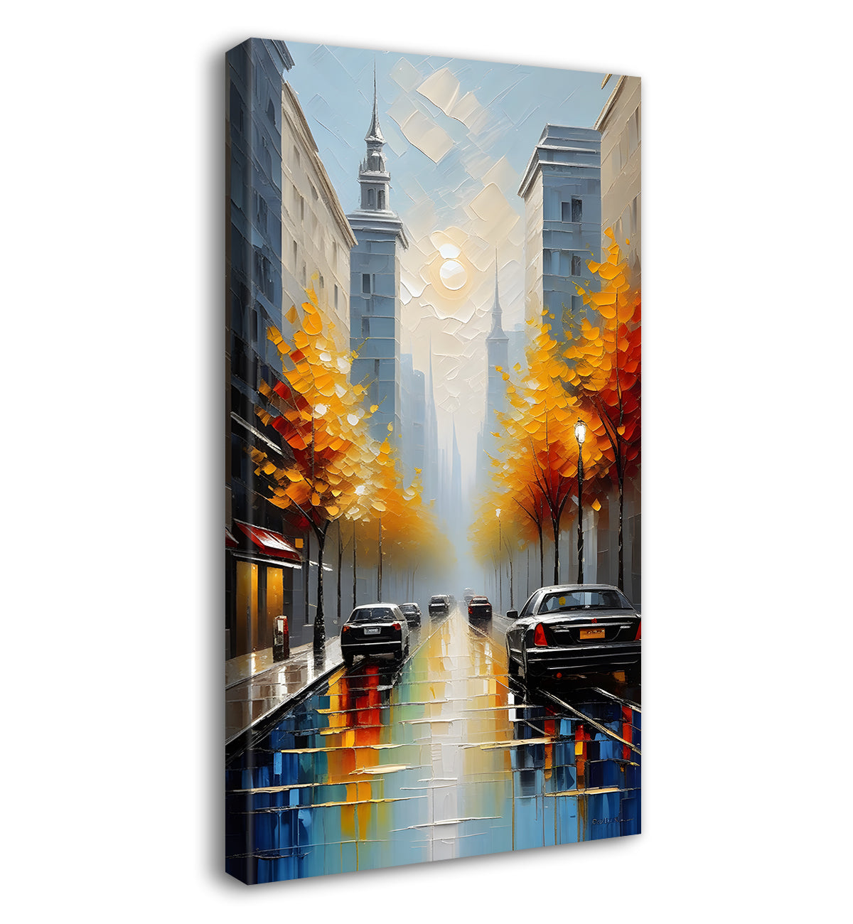 Orange trees on a road with car in a city background textured natural art Canvas Painting - Nature Art -V-23