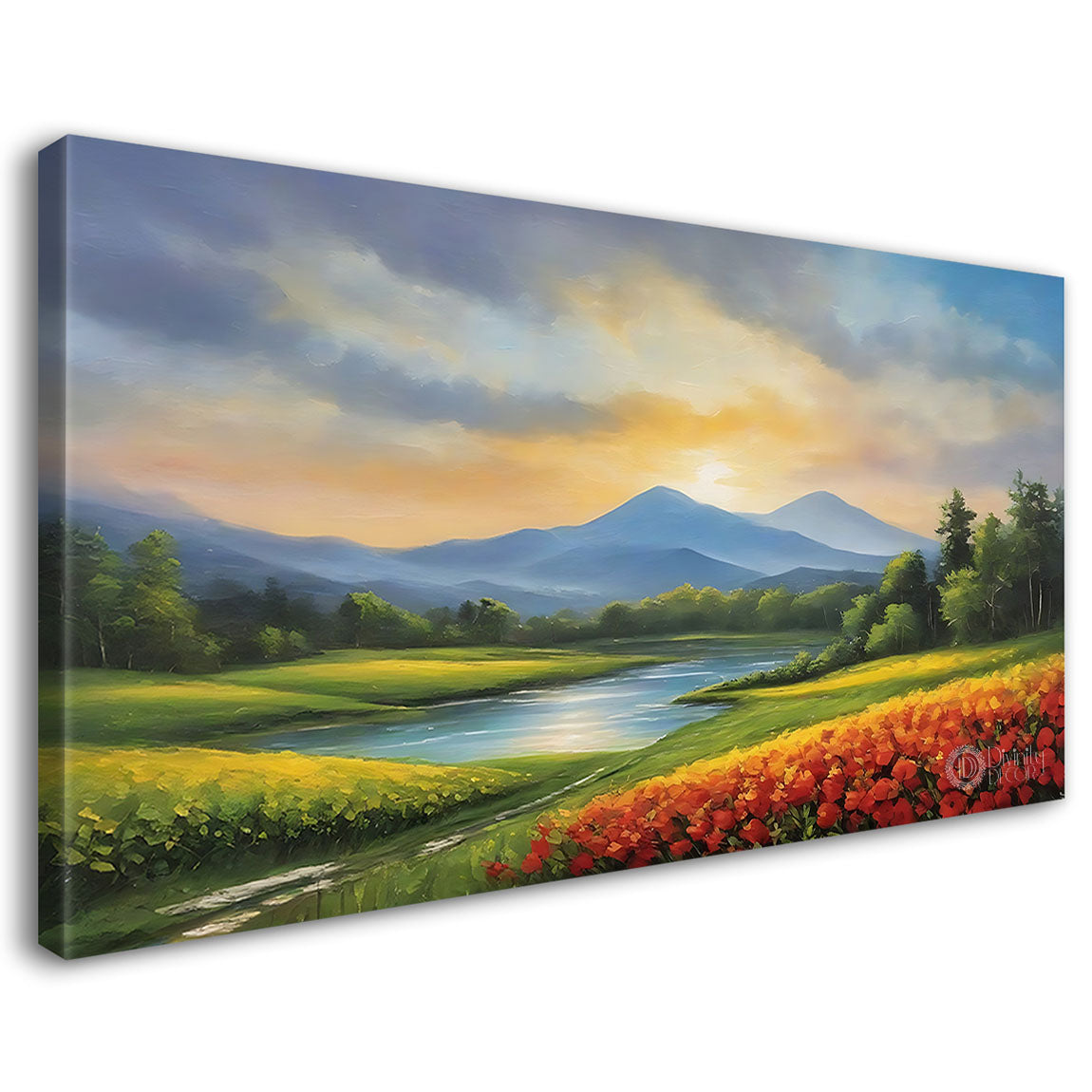 Mountains with greenery and orange flowers with beautiful sky textured water color painting Canvas Painting - Nature Art -23