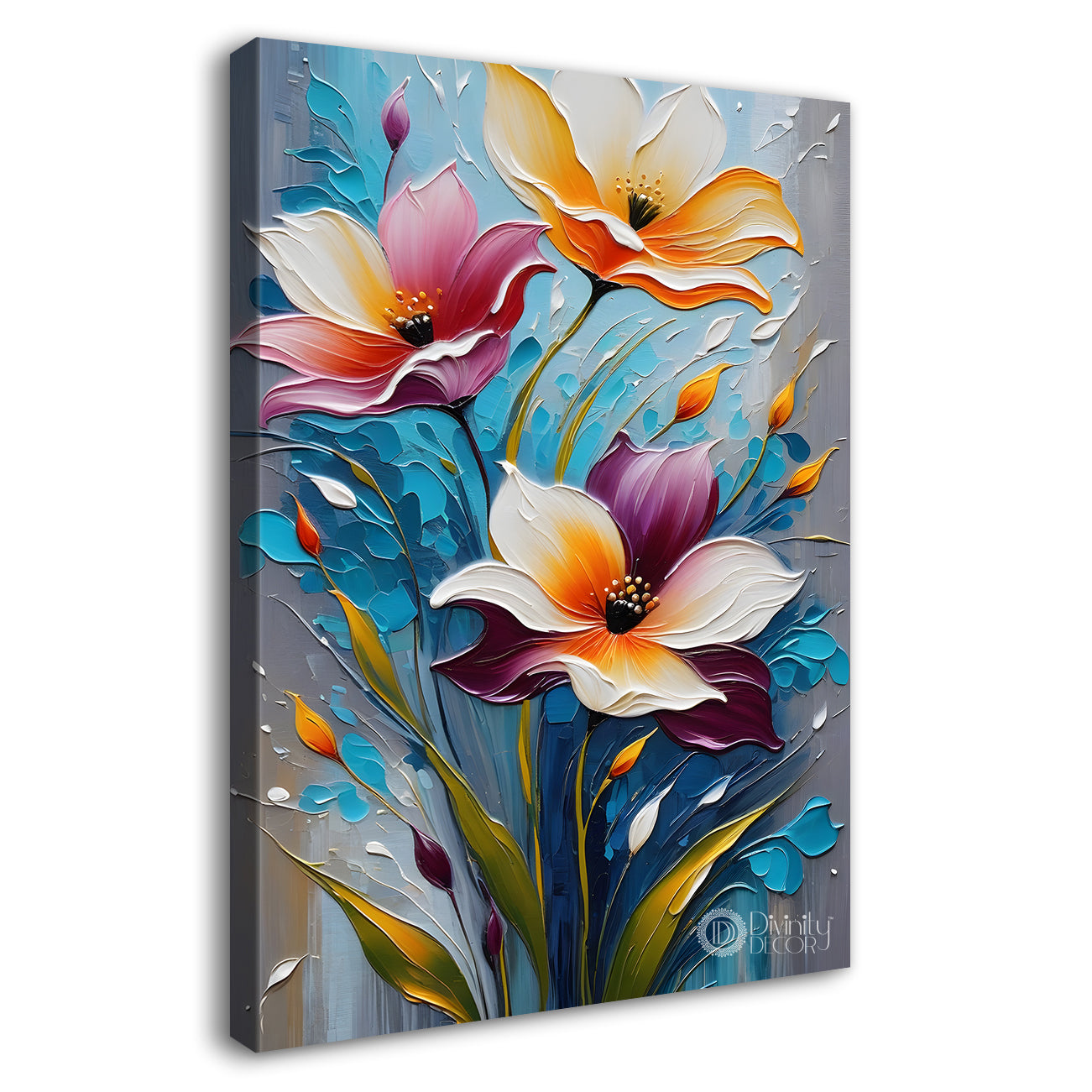 Pink flowers in blue textured background painting- Flower-V-23