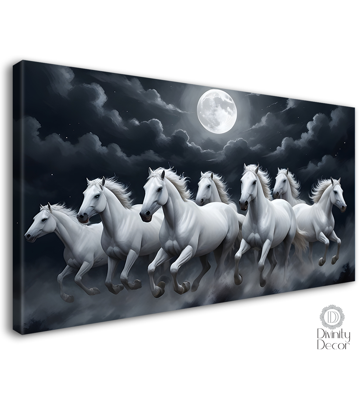 White horses running with moon in cloudy and black textured background art Canvas Painting - Design - Horse-24
