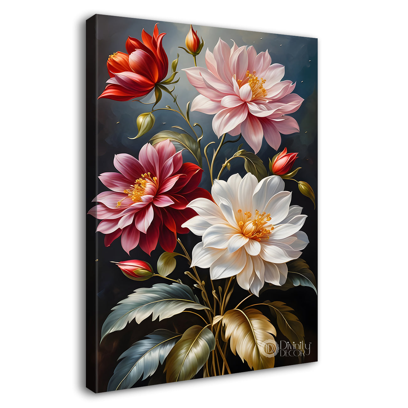 Colourful flowers in grey textured background painting- Flower-V-240