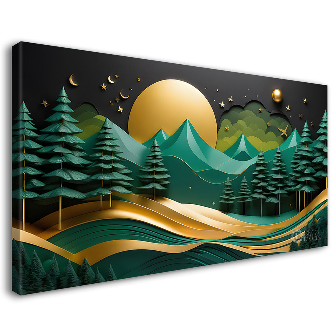Green mountains with golden moon and trees Canvas Painting - Nature Art -240