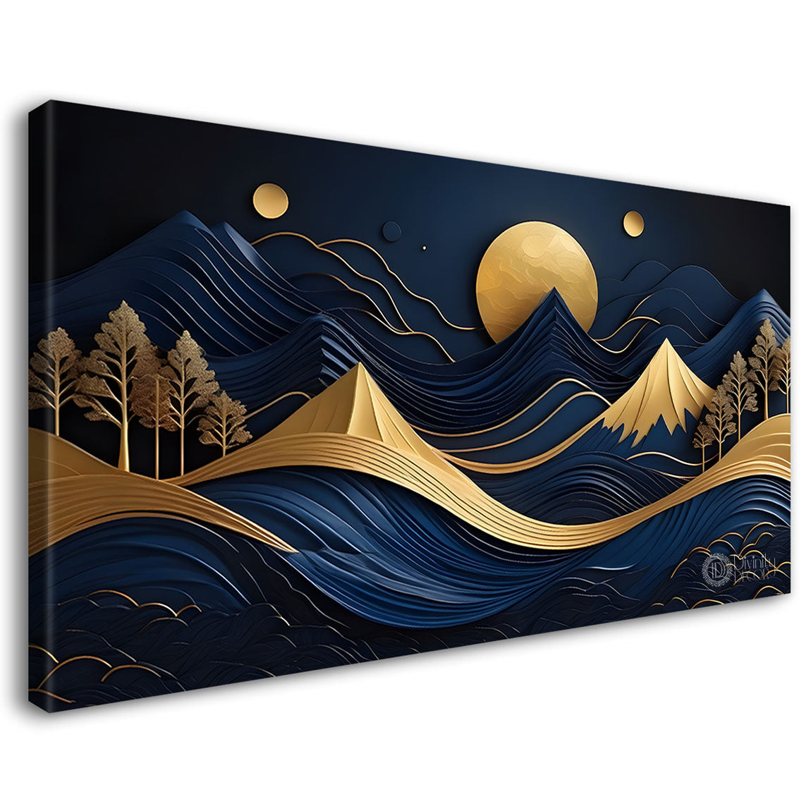 Blue mountains with golden moon and tree Canvas Painting - Nature Art -241