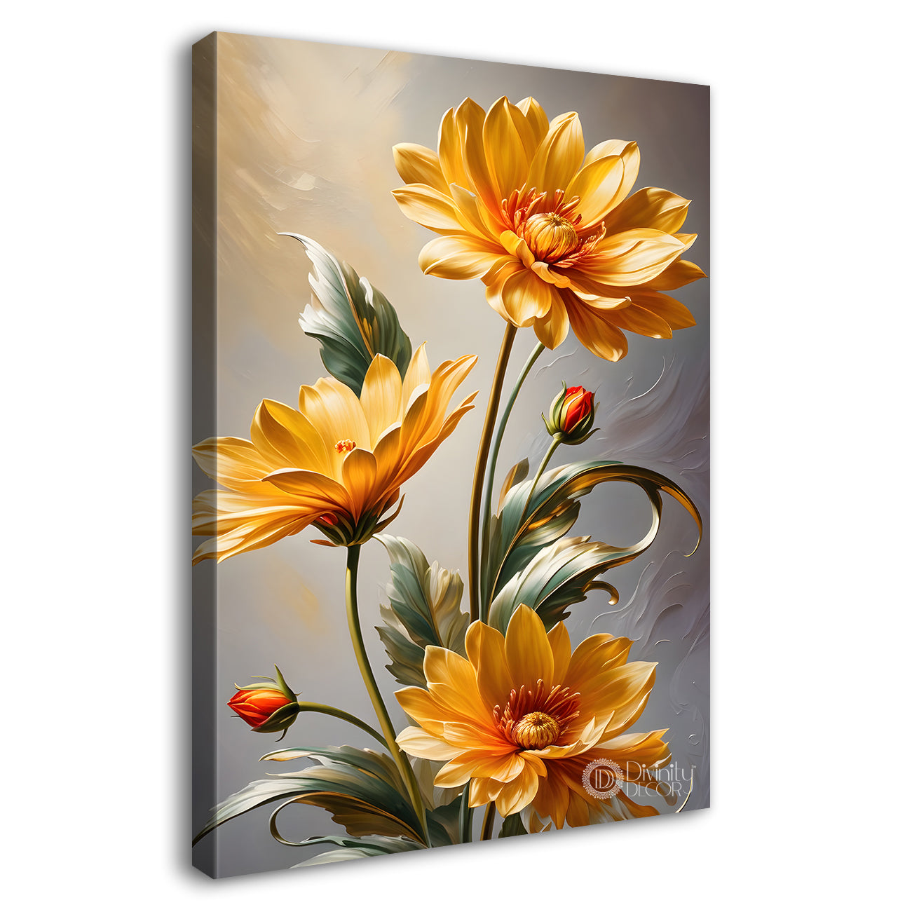 Orange flowers in grey textured background painting- Flower-V-241