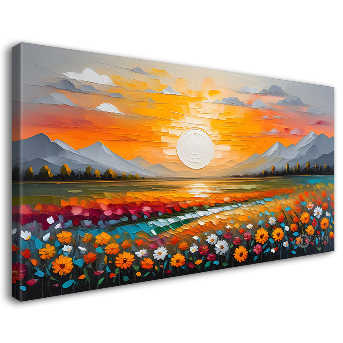 Mountains with flowers and sunset painting Canvas Painting - Nature Art -243