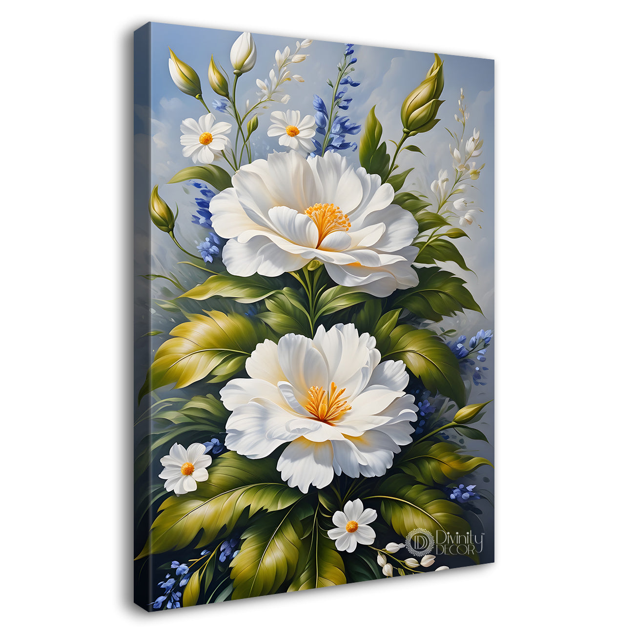 White flowers in blue textured background painting- Flower-V-243