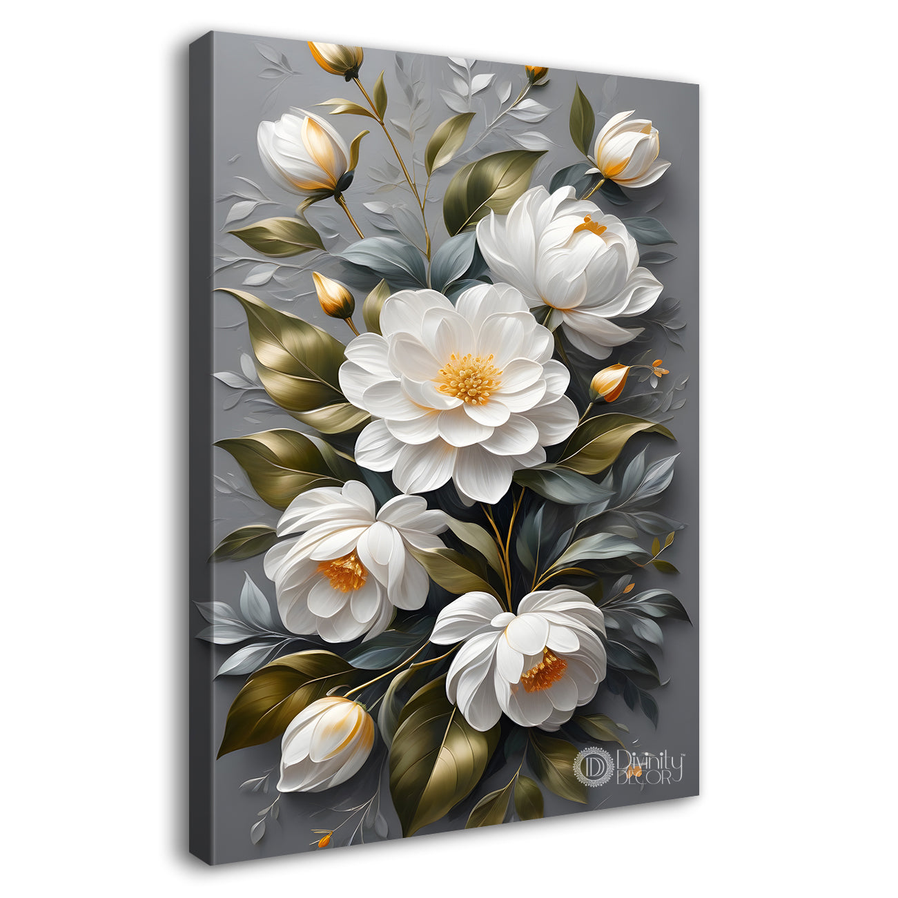 White flowers in grey textured background painting- Flower-V-244
