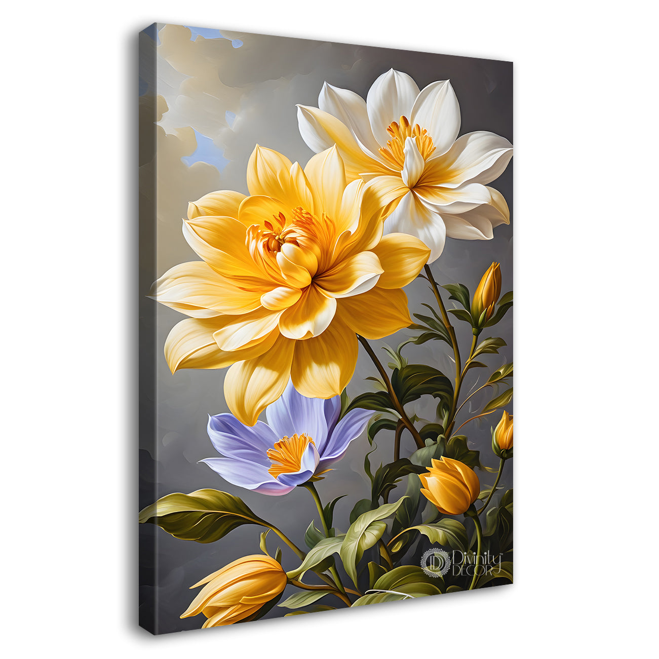 Yellow flowers in grey textured background painting- Flower-V-245