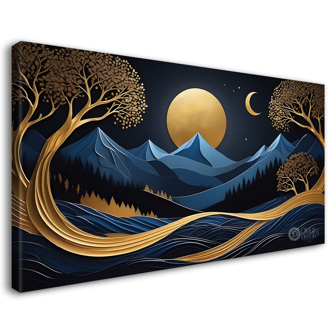 Blue mountains with golden moon and tree Canvas Painting - Nature Art -245