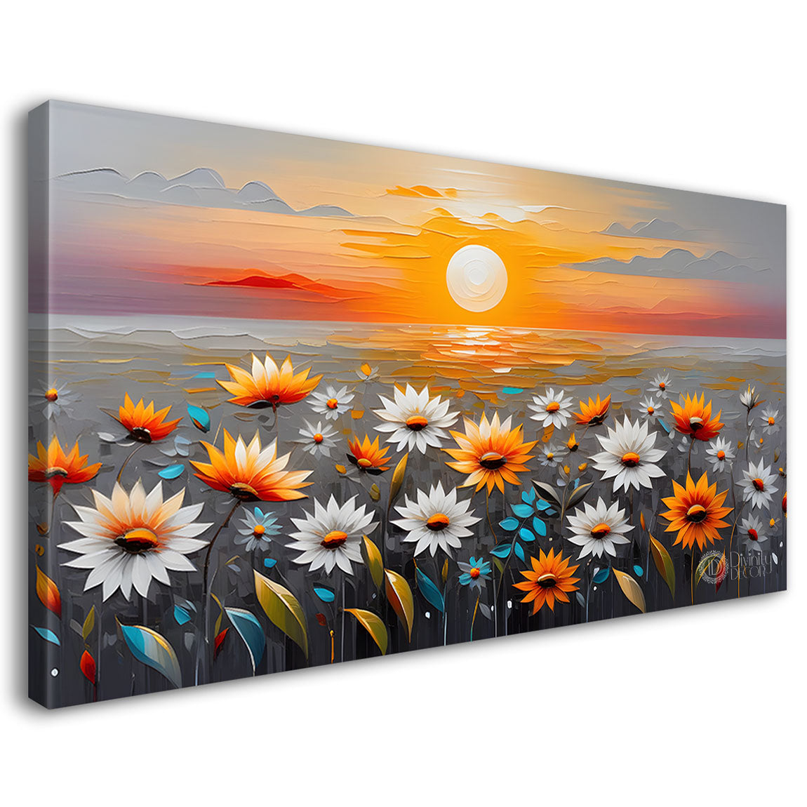 Sunset and flowers in textured painting Canvas Painting - Nature Art -246